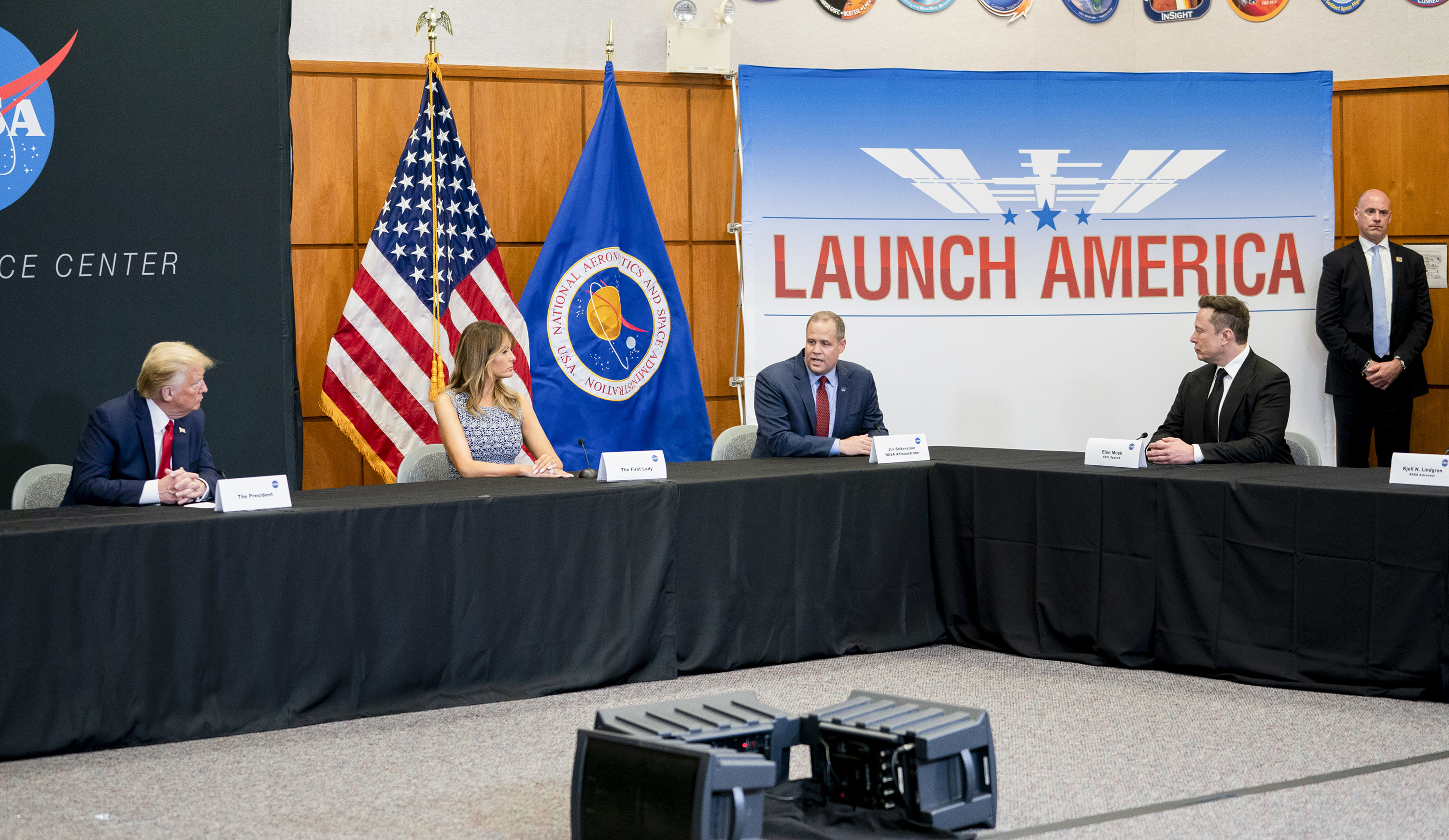 Musk, right, and James F. Bridenstine, then the administrator of Nasa, during a briefing in 2020 with Trump, left, and Melania Trump at the Kennedy Space Center in Florida. Photo / Doug Mills, The New York Times
