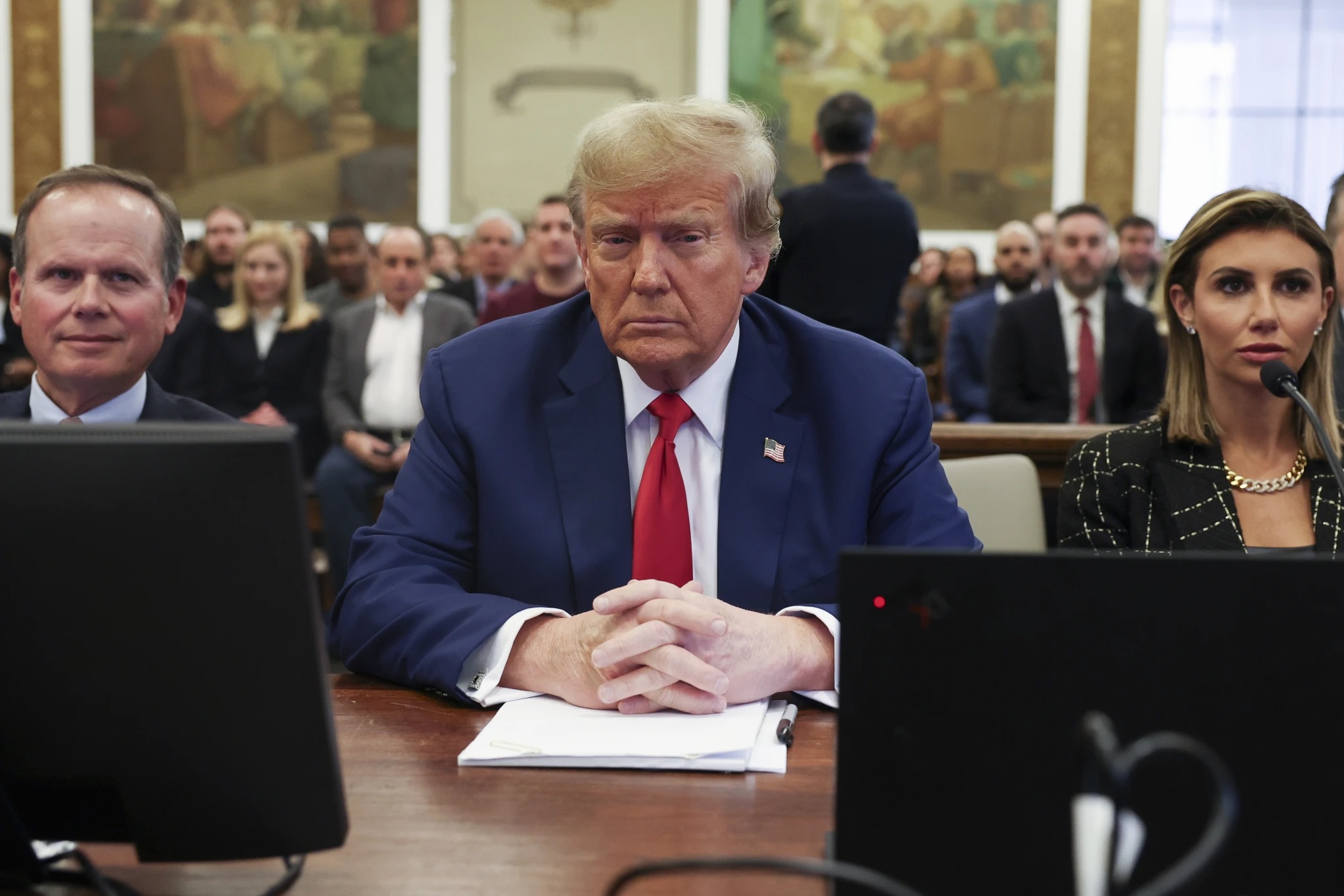 Former US president Donald Trump, with lawyers Christopher Kise and Alina Habba, during the closing arguments in the Trump Organisation civil fraud trial at New York Supreme Court. Photo / AP