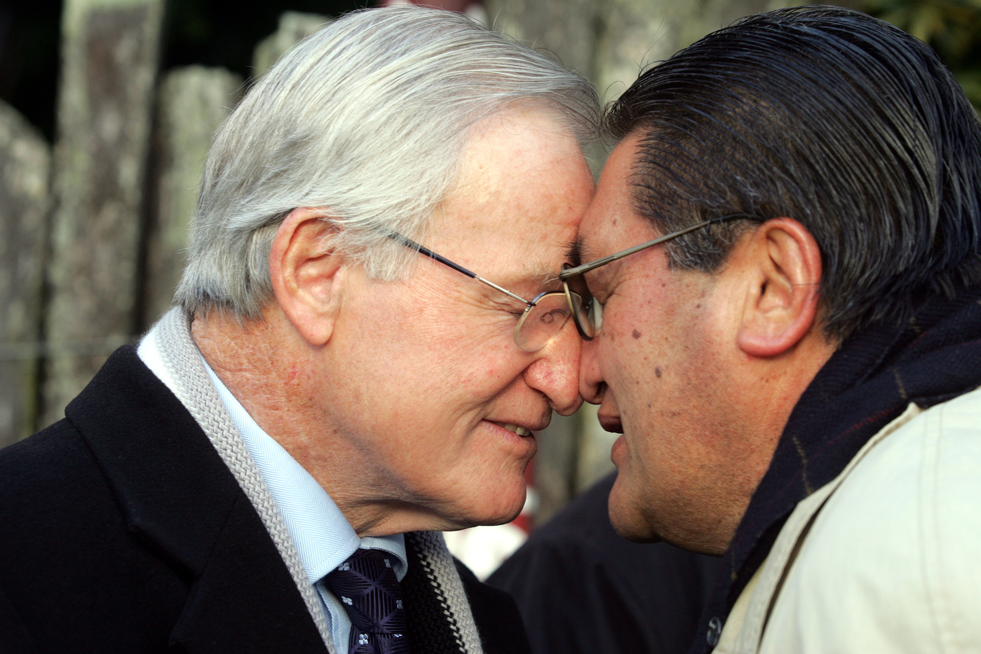 Jim Bolger being welcomed on to Tūrangawaewae Marae in 2006 by Tommy Moana for the tangi of Te Arikinui Dame Te Ataairangikaahu. Photo / Peter Drury