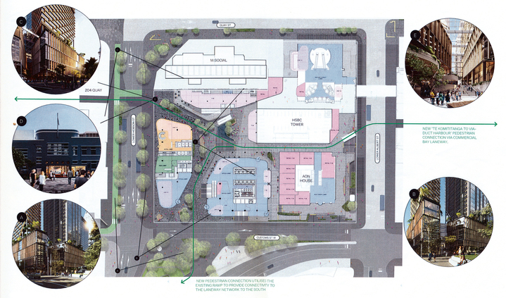 A ground-floor plan showing the route of the laneway along the green line and views from different locations.