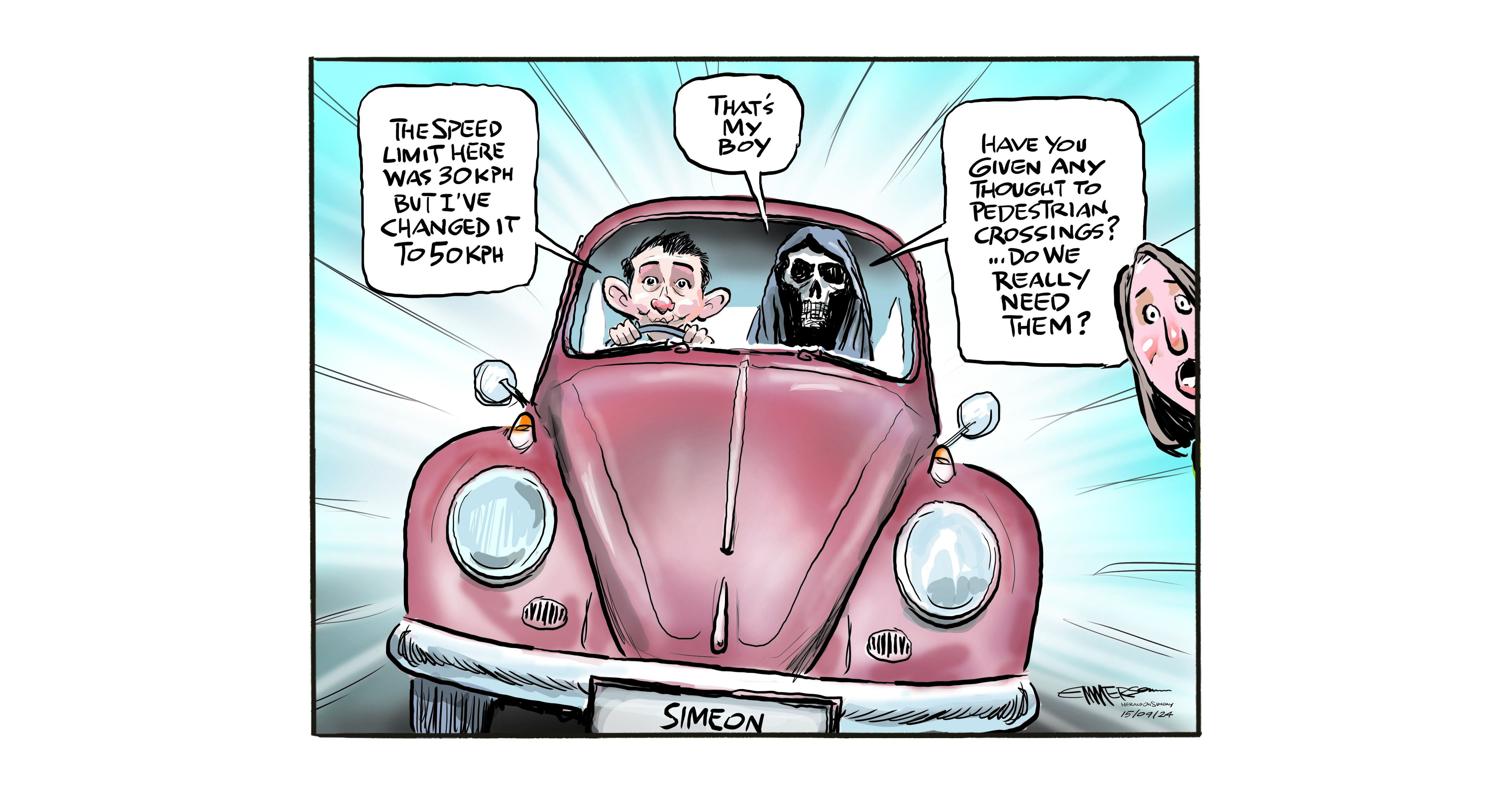 Transport Minister Simeon Brown barges on with the increase of speed limits despite warnings from transport authorities and others. Illustration / Rod Emmerson 