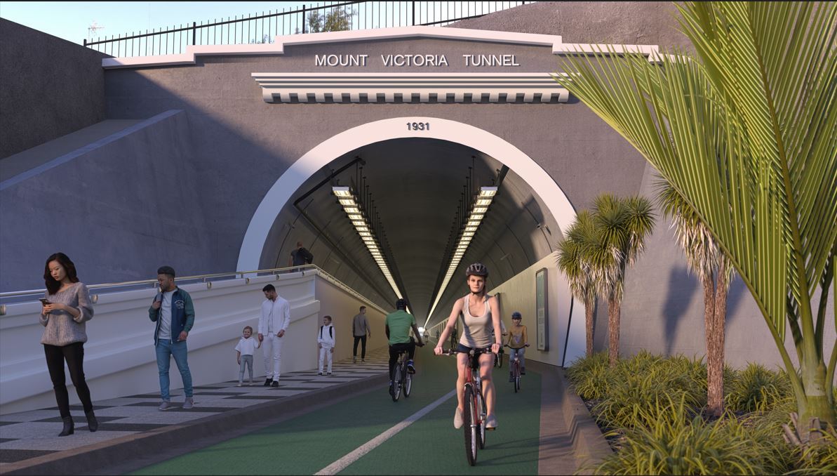 The existing Mt Victoria tunnel will be converted into one for pedestrians and cyclists to use. Image / LGWM 