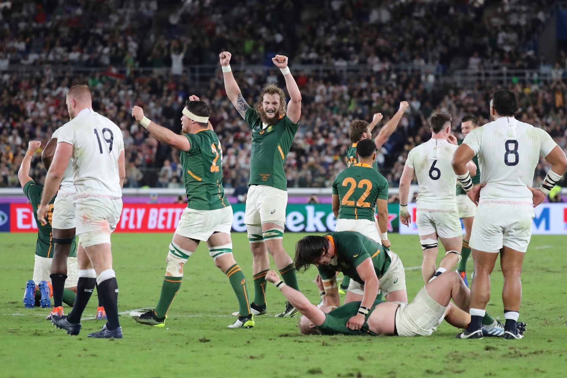 South Africa players celebrate after winning the Rugby World Cup final. Photo / AP