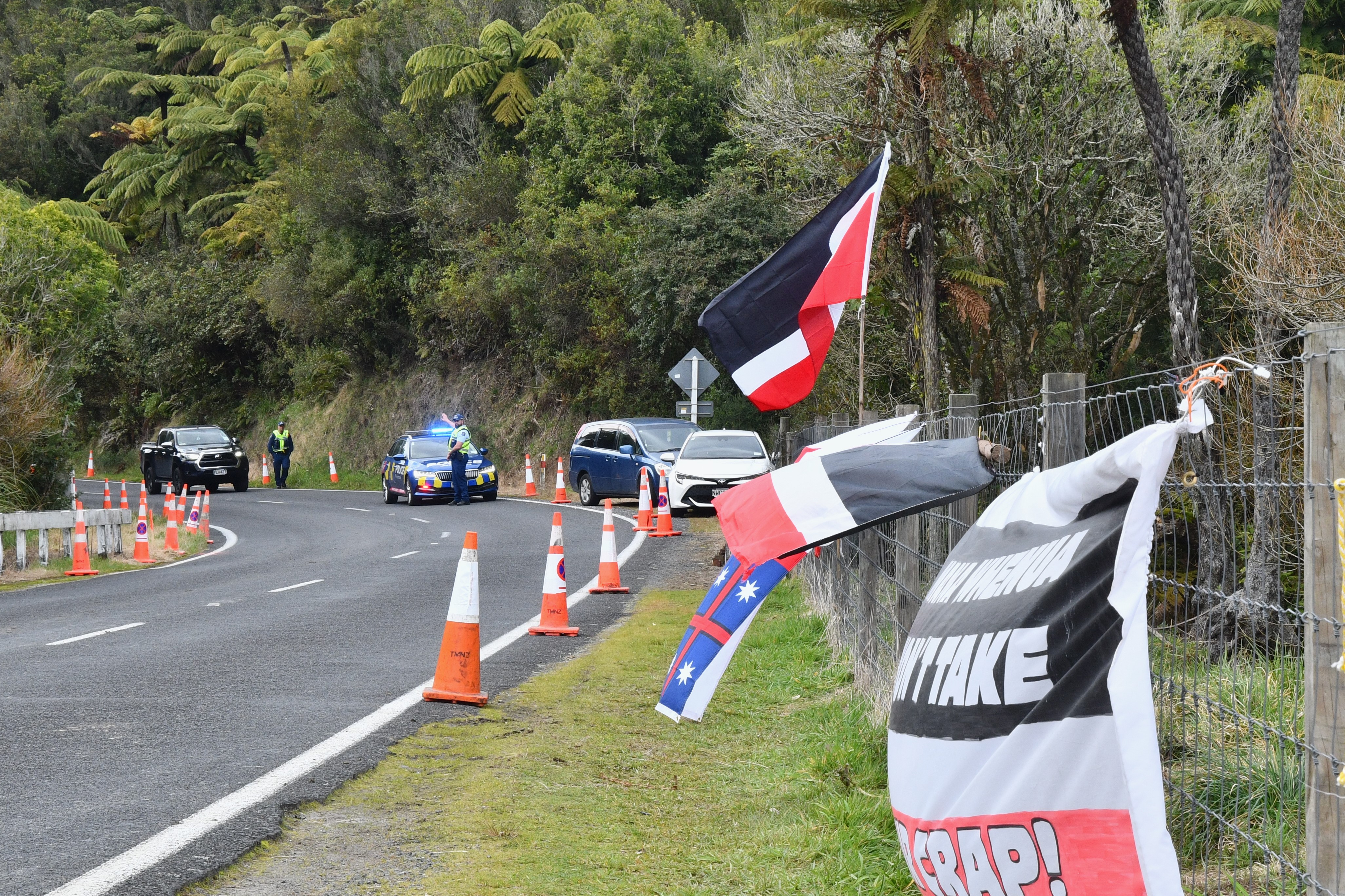 Traffic was managed on Tarawera Rd during a hīkoi to Lake Rotokākahi on Monday morning. Photo / Laura Smith