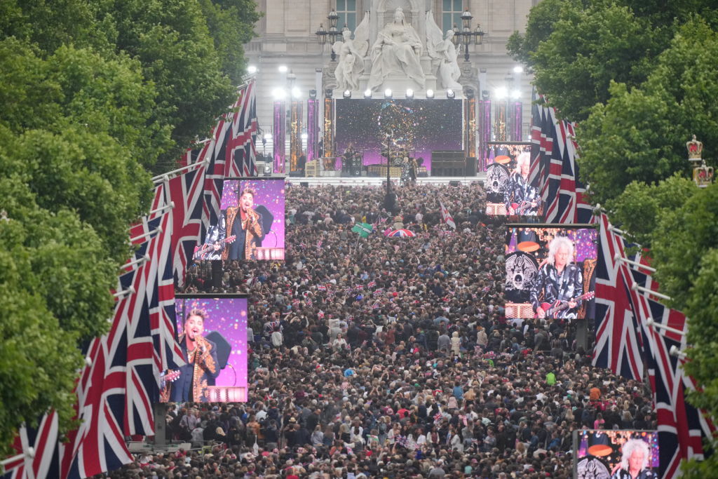 The crowd in The Mall during the Platinum Party at the Palace in the front of Buckingham Palace in London. Photo / Getty