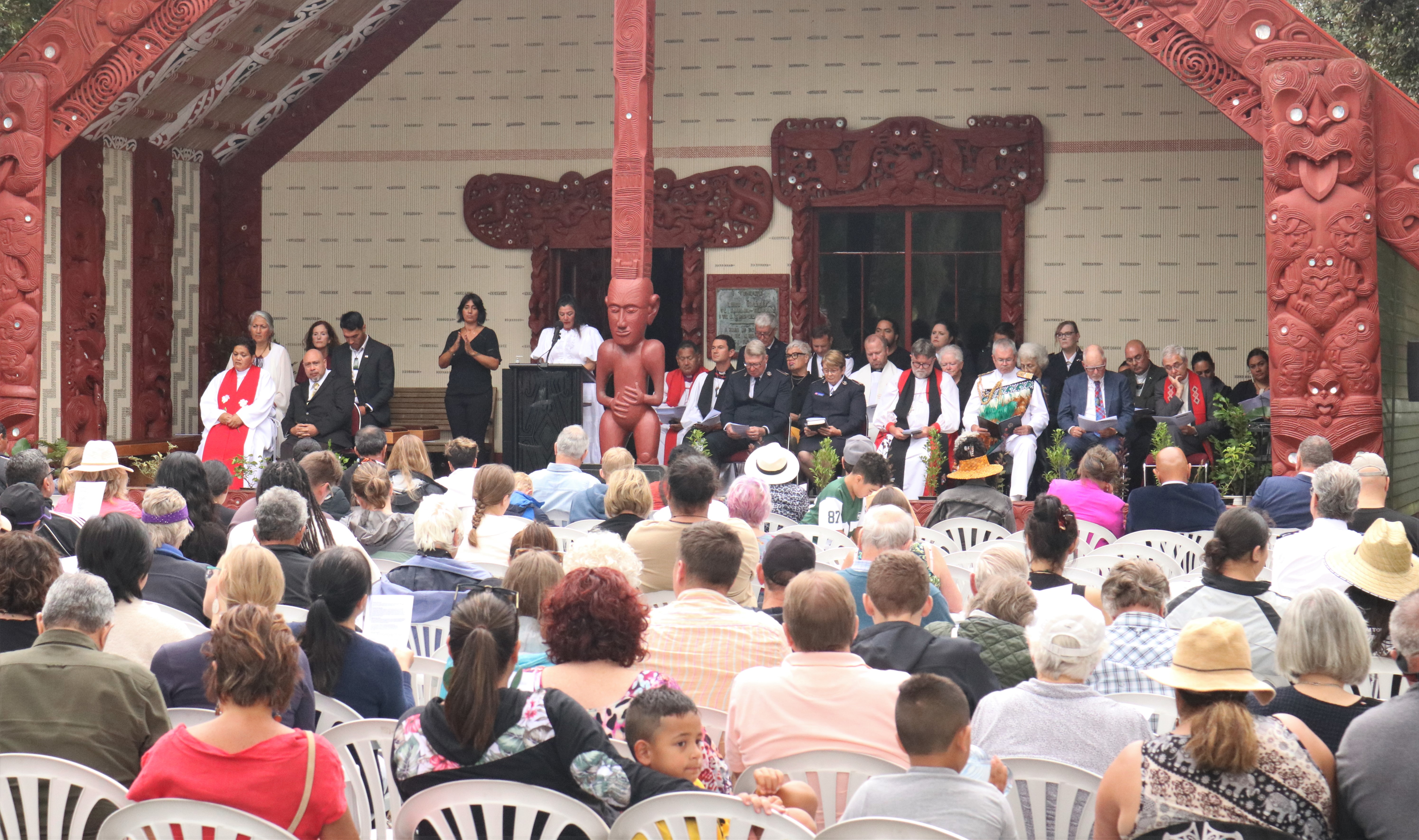 A crowd listens intently during the interdenominational church service at Te Whare Rūnanga. Photo / Peter de Graaf