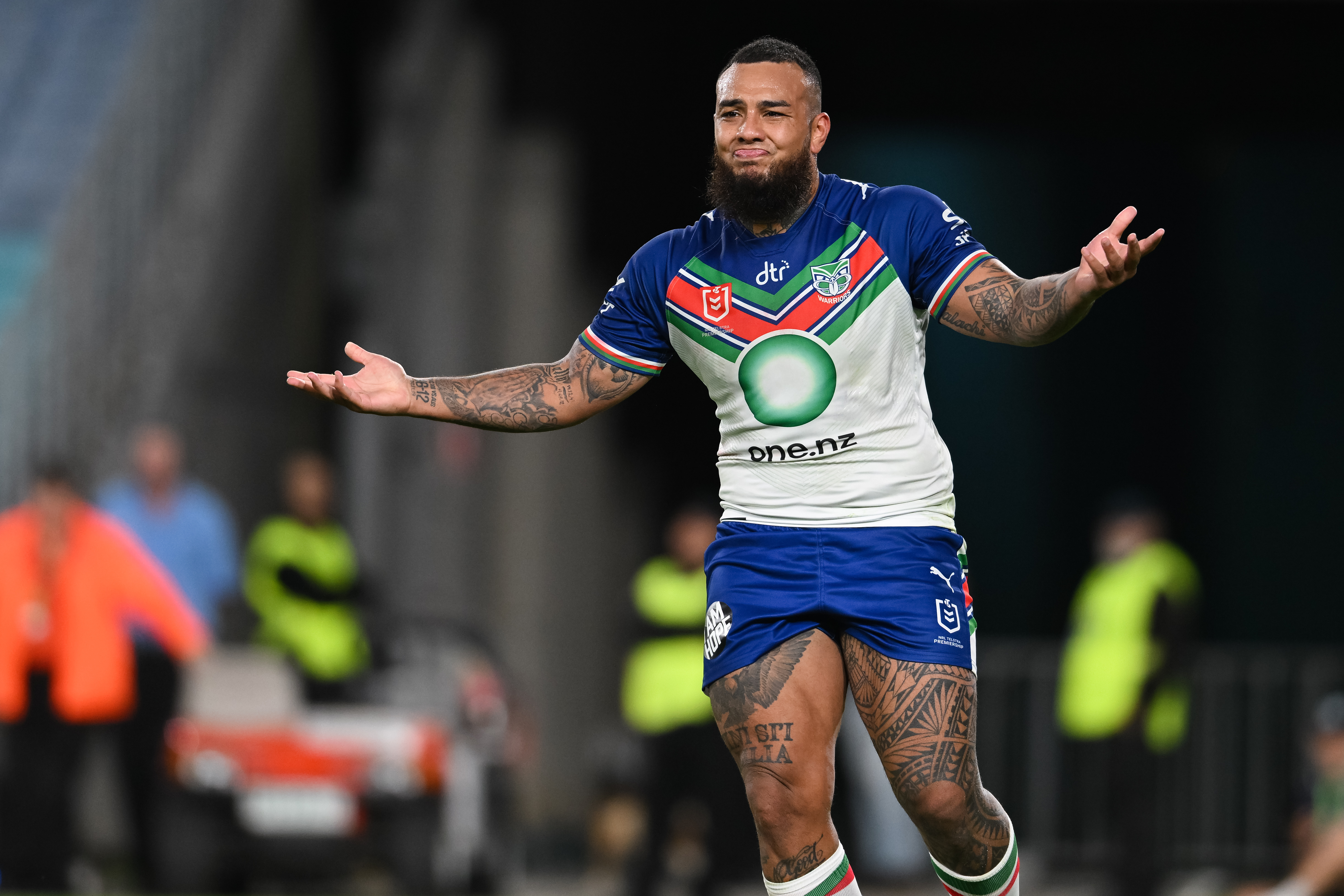 Addin Fonua-Blake celebrates during the NZ Warriors' defeat of the Canterbury-Bankstown Bulldogs. Photo / Photosport