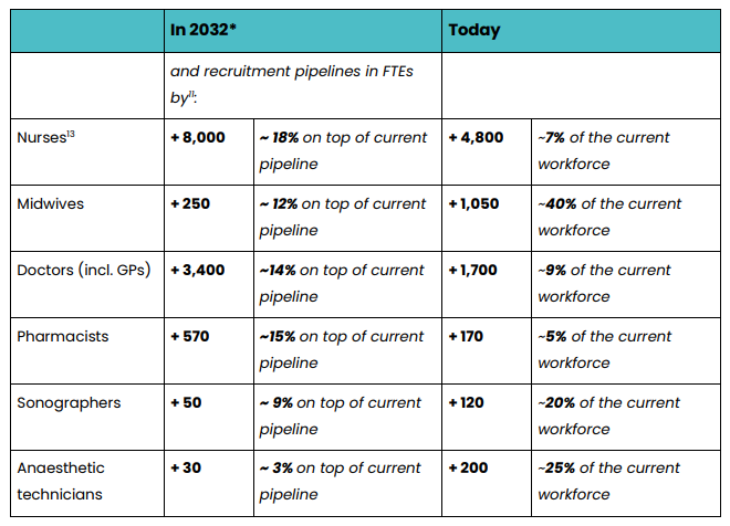 Estimated shortages today and by 2032. Image / Te Whatu Ora