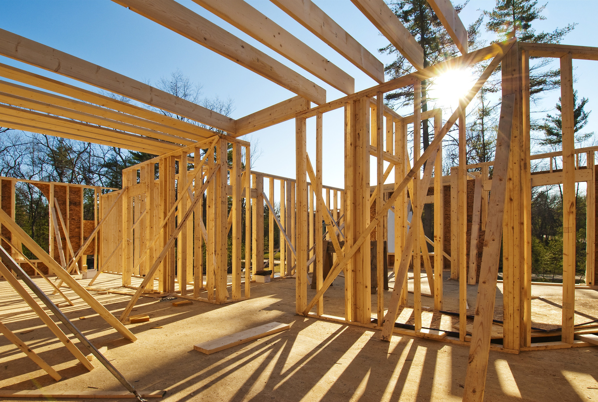 Interior framing of a new house under construction.