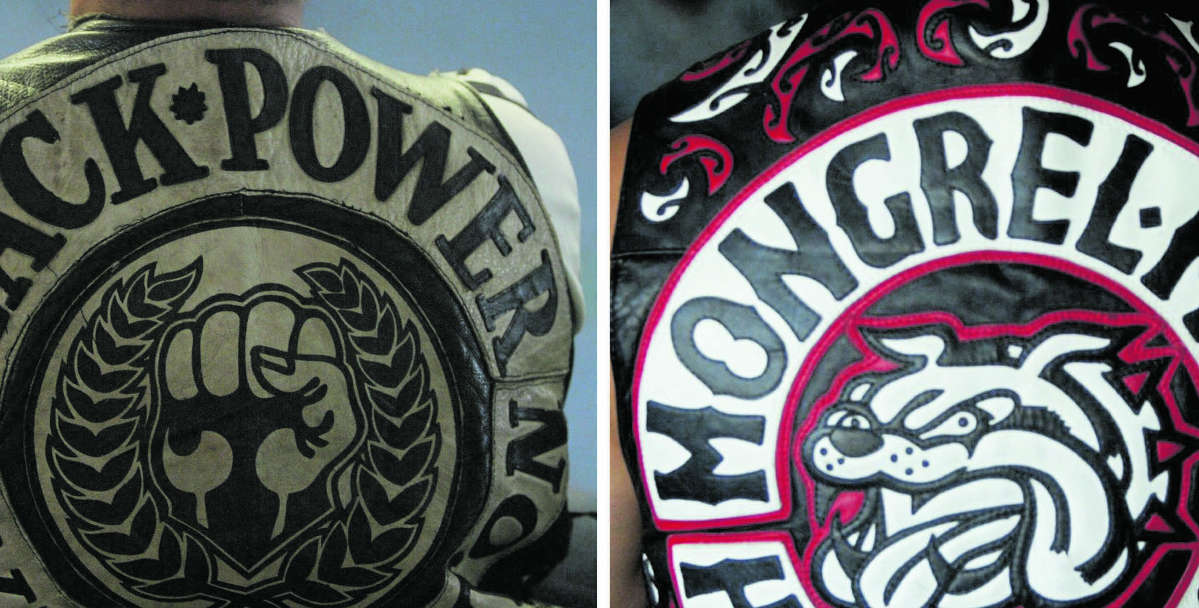 Black Power and Mongrel Mob patches. Wearing gang patches in public is now illegal after a new law came into force. Photo / NZME