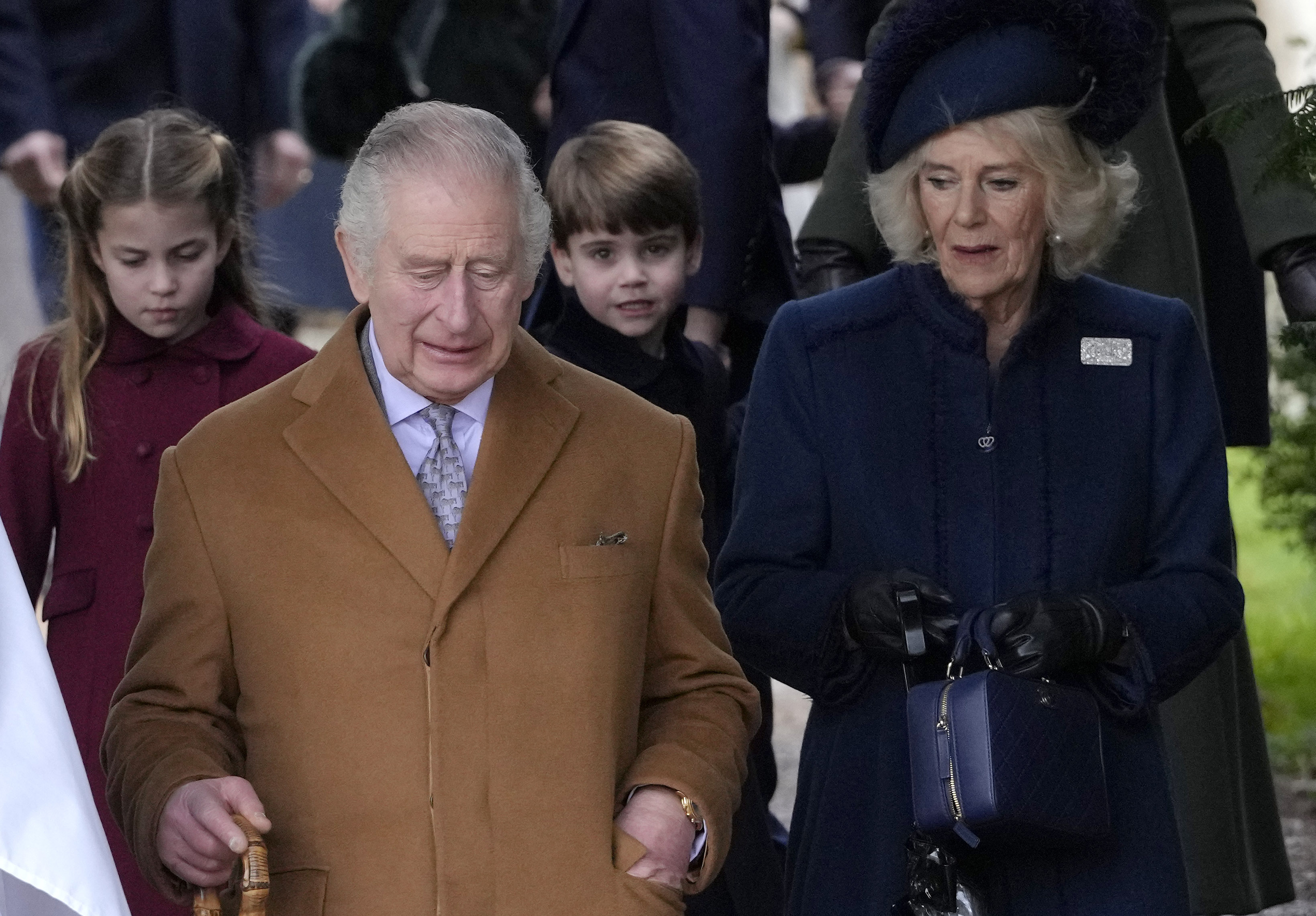 Princess Charlotte (left), King Charles III, Prince Louis and Camilla, the Queen Consort, leave after attending the Christmas day service at St Mary Magdalene Church in Sandringham in Norfolk, England. Photo / AP