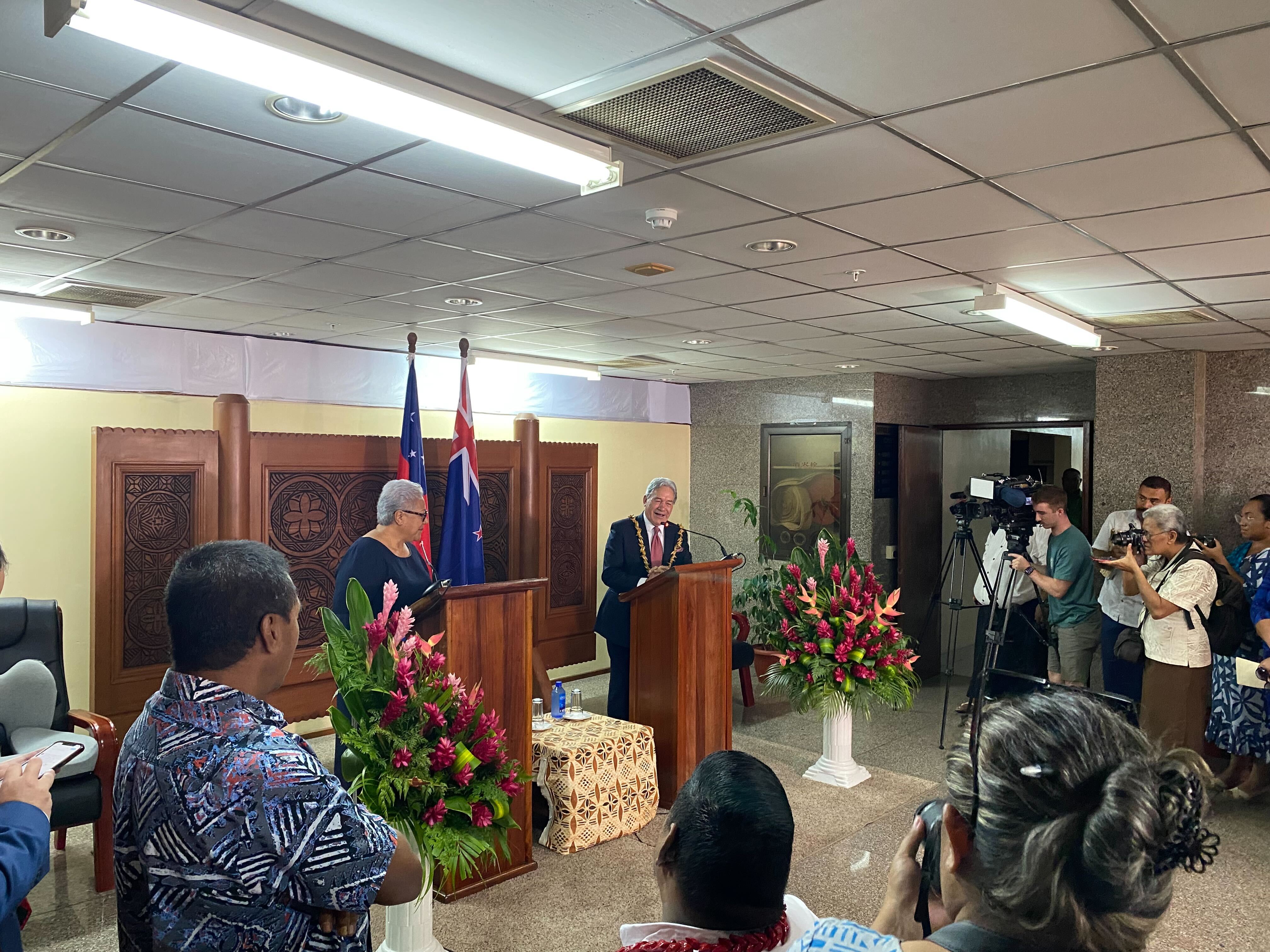 Samoan PM Fiame Naomi and Deputy PM Vaovasamanaia Winston Peters face the media in Apia, Samoa. Photo / Vaimoana Mase
