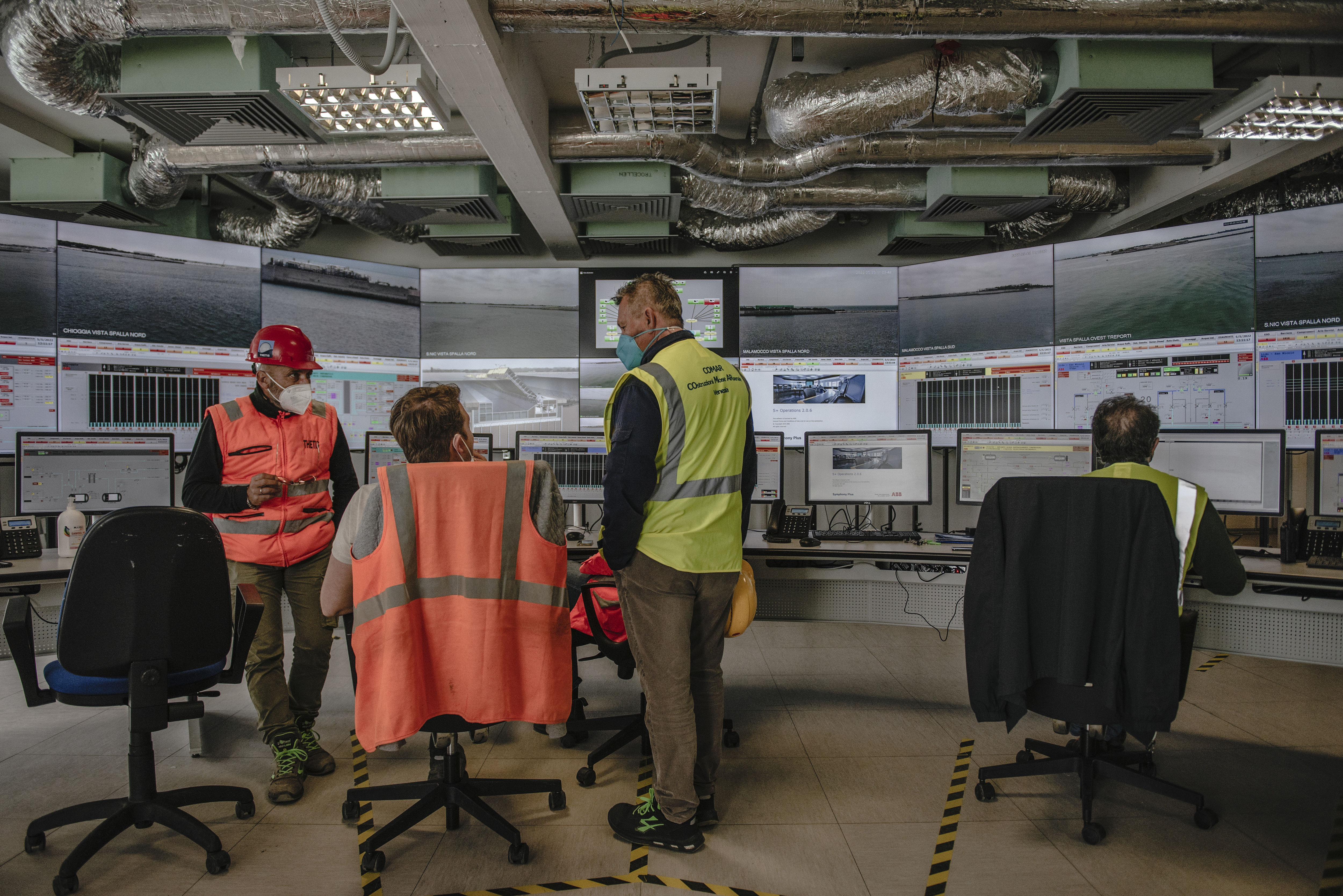 Technicians in the control centre at the Lido inlet during a test of the MOSE system. Photo / Laetitia Vancon, The New York Times