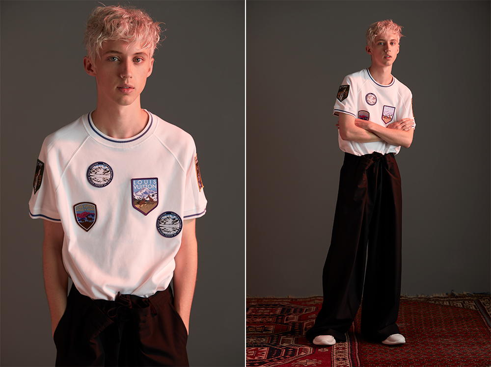 At 23, Sivan has already been famous for a decade building a die-hard fan base as a popular YouTube persona. Louis Vuitton t-shirt $1090. Jimmy D trousers $ 475. Prada trainers $975. Vintage Turkish Kilim, POA, from Babelogue. Photo / Mara Sommer
