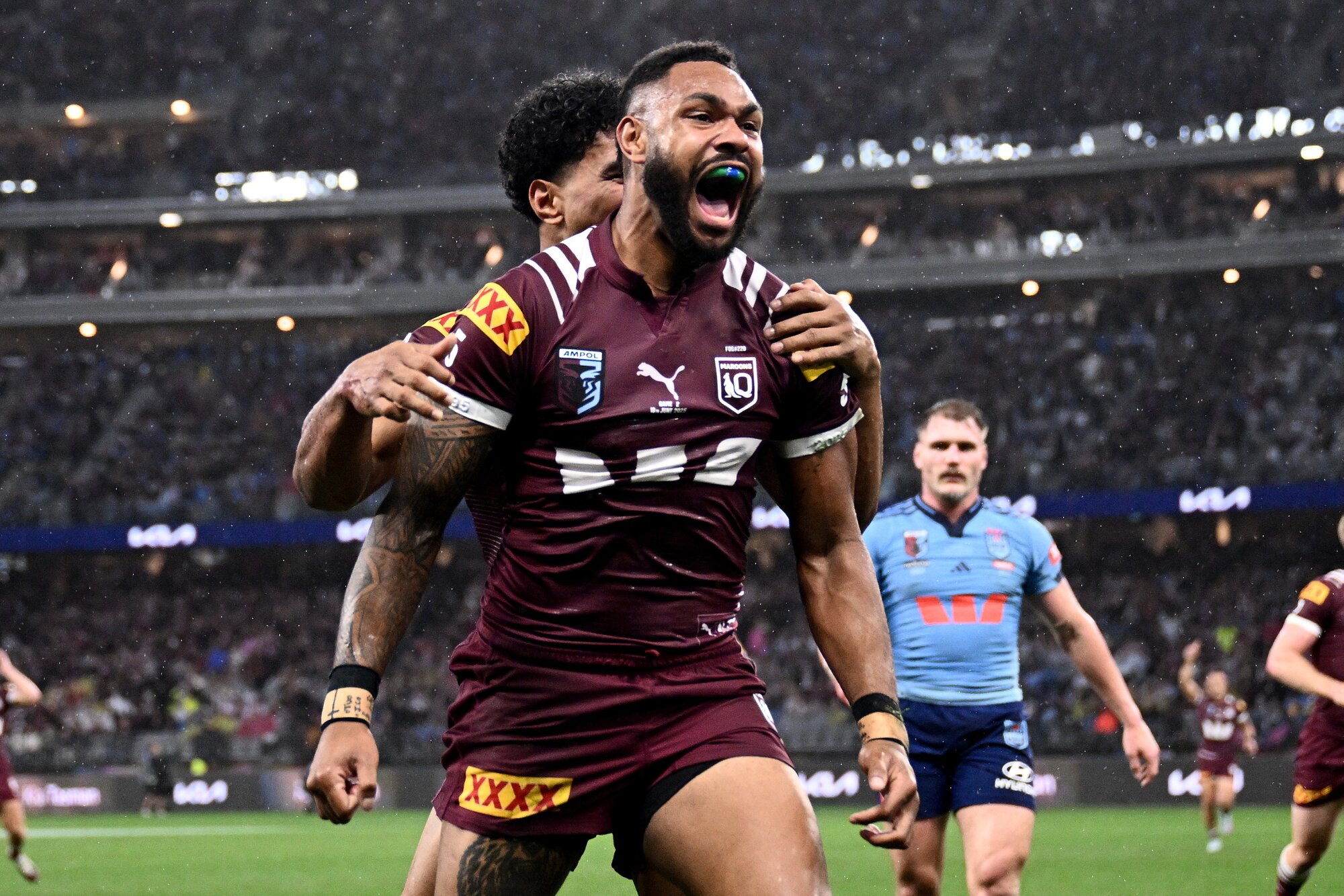 Hamiso Tabuai-Fidow, of the Maroons, celebrates a try. Photo / Photosport