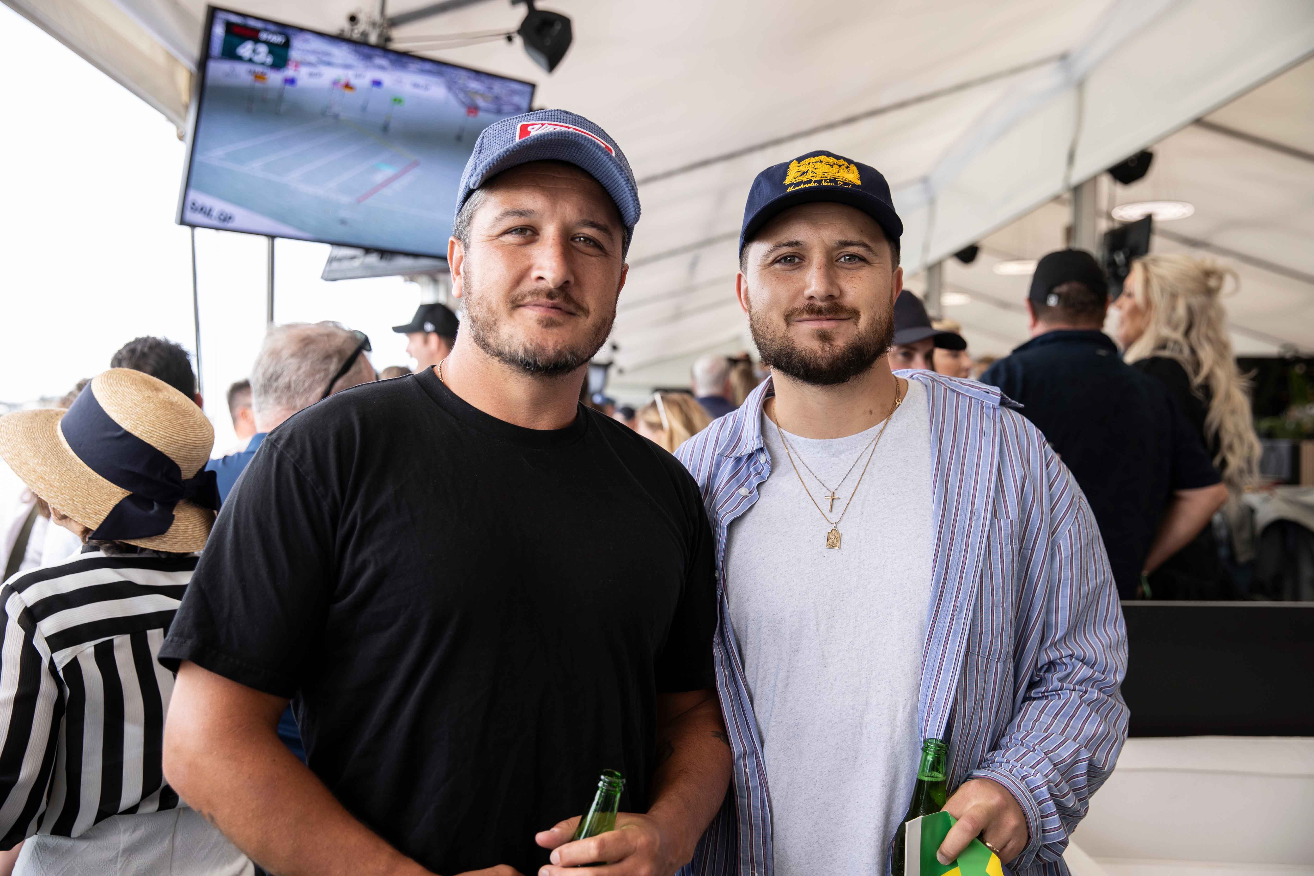 Six60 frontman Matiu Walters with his brother Nico at the SailGP Adrenaline Lounge.