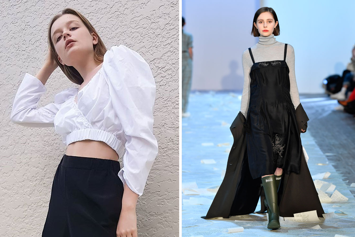 (From left) A look from Rachel Mills; Kate Sylvester’s NZFW show featuring archival pieces mixed with her autumn/winter 2020 collection. Photos / Supplied, Getty Images