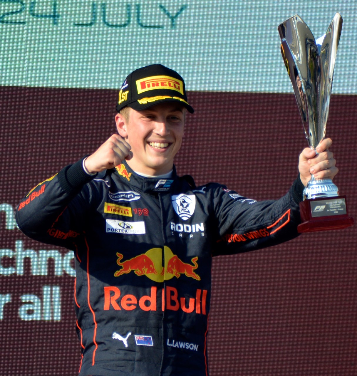 Kiwi Liam Lawson, pictured here celebrating an F2 win in France last year, could be F1-bound if de Vries goes. Photo / Don Kennedy
