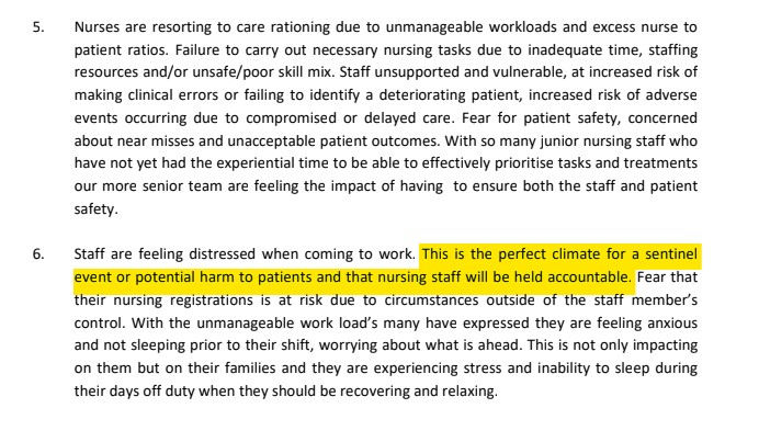 Excerpt from a provisional improvement notice filed on behalf of nursing staff at North Shore Hospital in October 2022. Photo / NZME