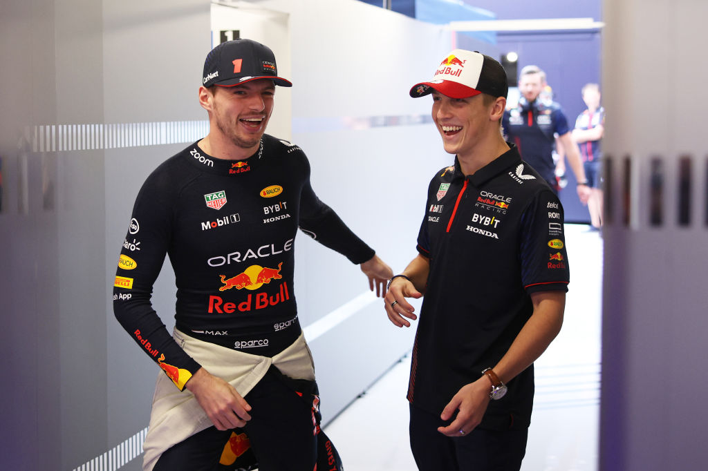 Max Verstappen and Liam Lawson at the 2023 Spanish Grand Prix. Photo / Getty Images