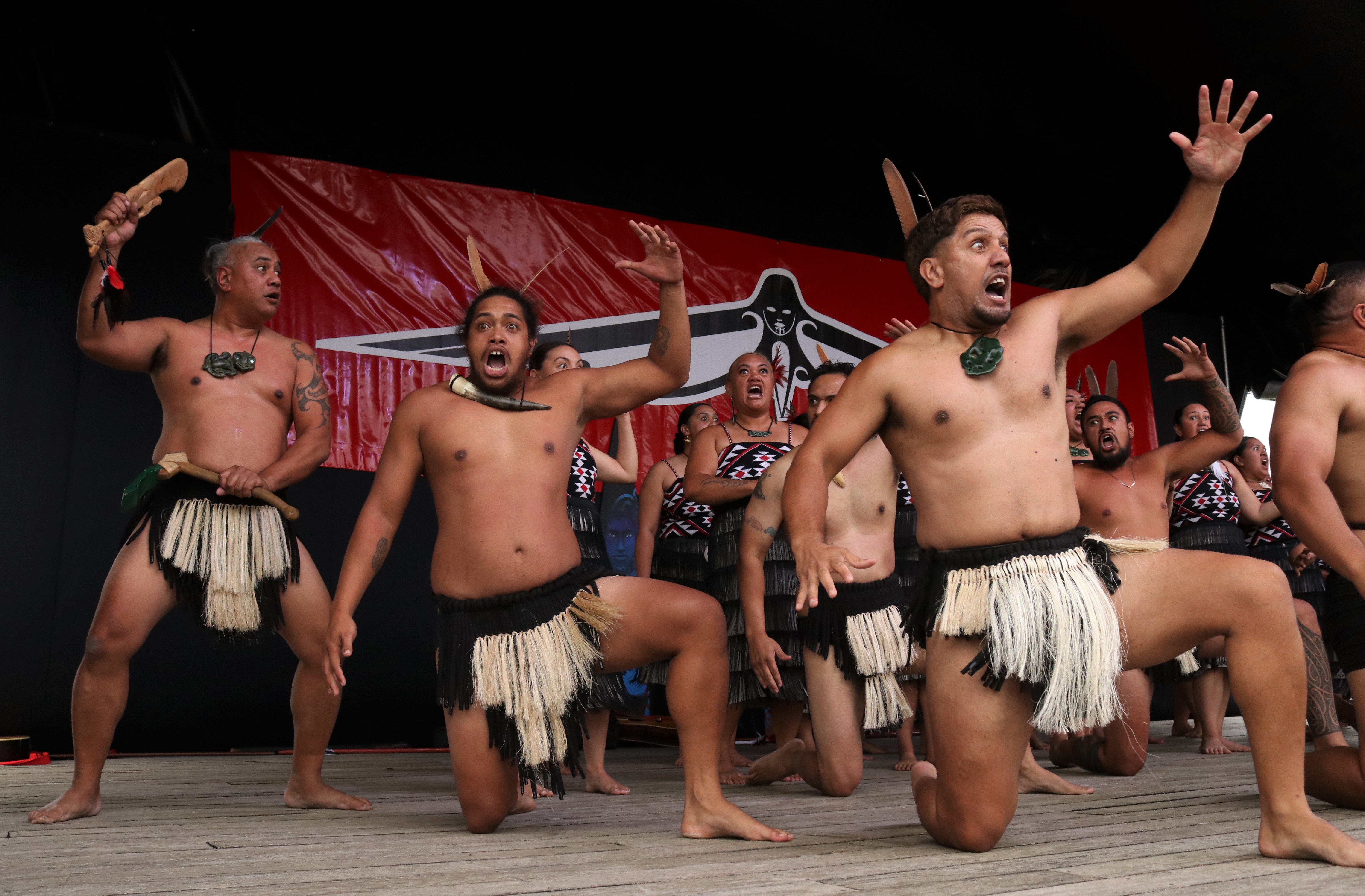 The tāne of Muriwhenua kapa haka group perform a haka. Photo / Peter de Graaf