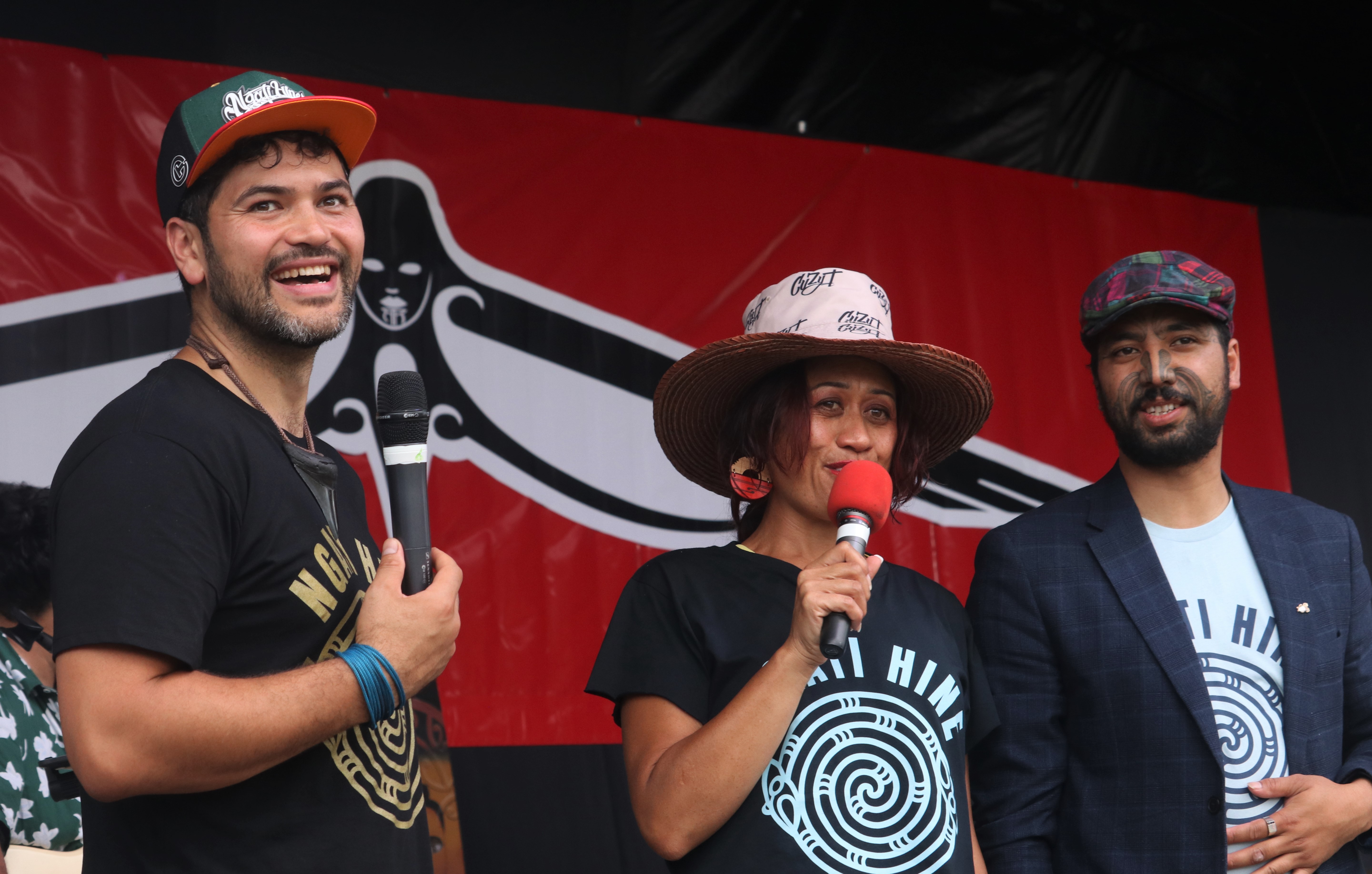 (From left): Festival MCs Kawiti Waetford, Miss Kihi Ririnui and Haami Tohu. Photo / Peter de Graaf