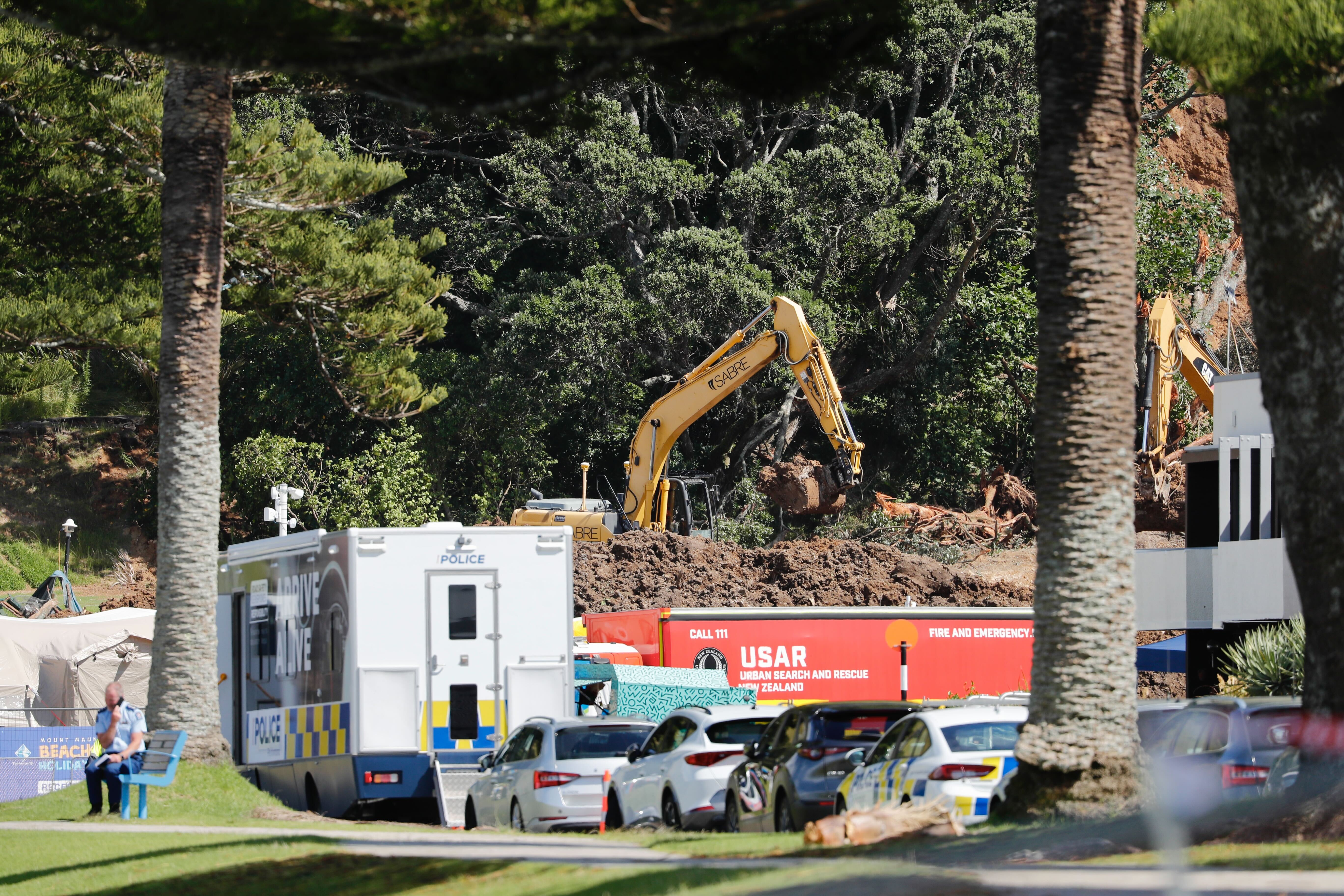 Search work resumes at Mount Maunganui campground after a deadly landslide. Photo / Dean Purcell