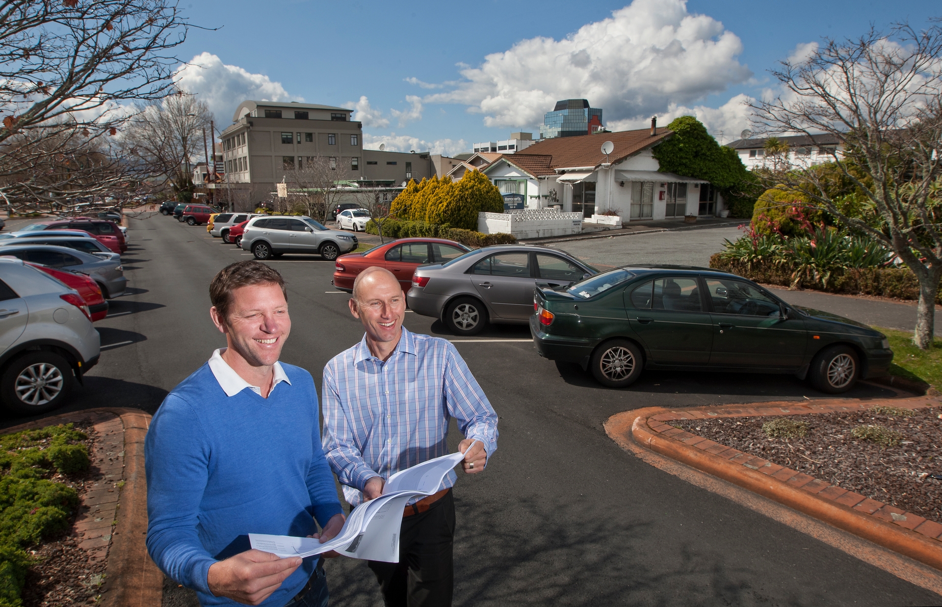 DEVELOPMENT: Tony Bradley of TPB Properties (left) with Mark Rendell of Bayleys Rotorua at the site of an innovative new business centre. PHOTO/ BEN FRASER