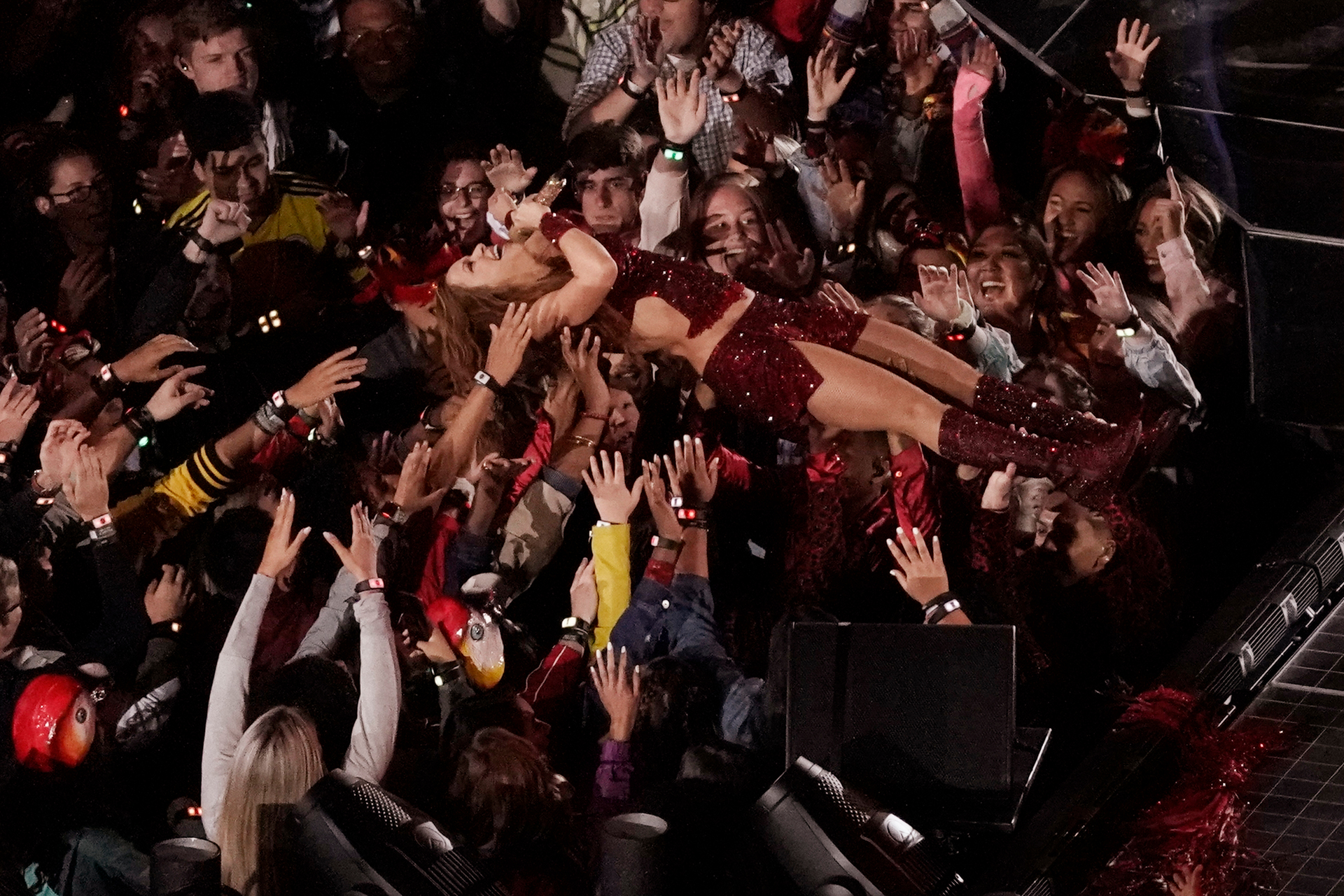 Shakira crowd-surfs during the halftime show at the NFL Super Bowl. Photo / AP.