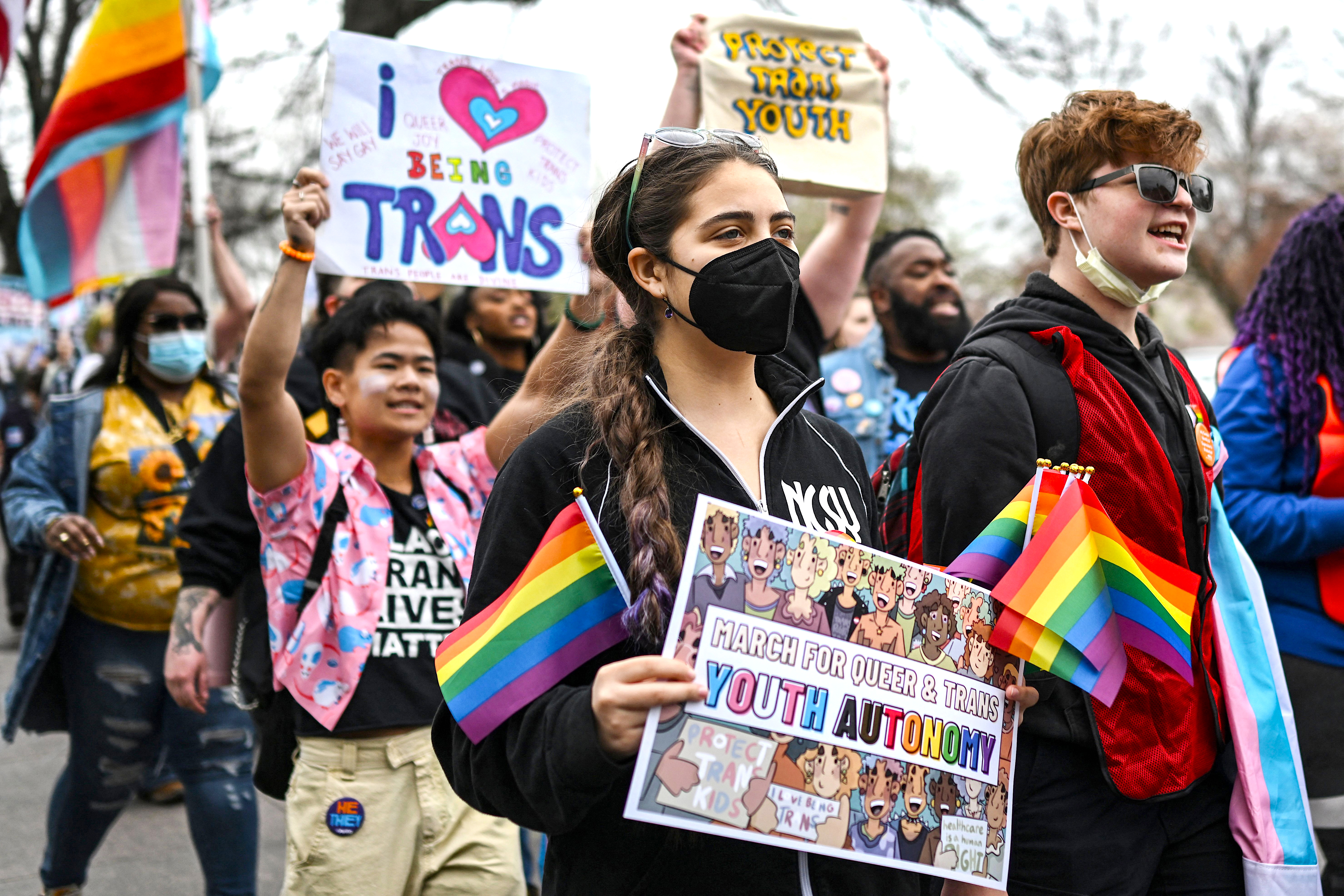 LGBTQ+ youth in Washington DC march against the wave of anti-transgender legislation in US states on Transgender Day of Visibility on March 31. Photo / Getty Images