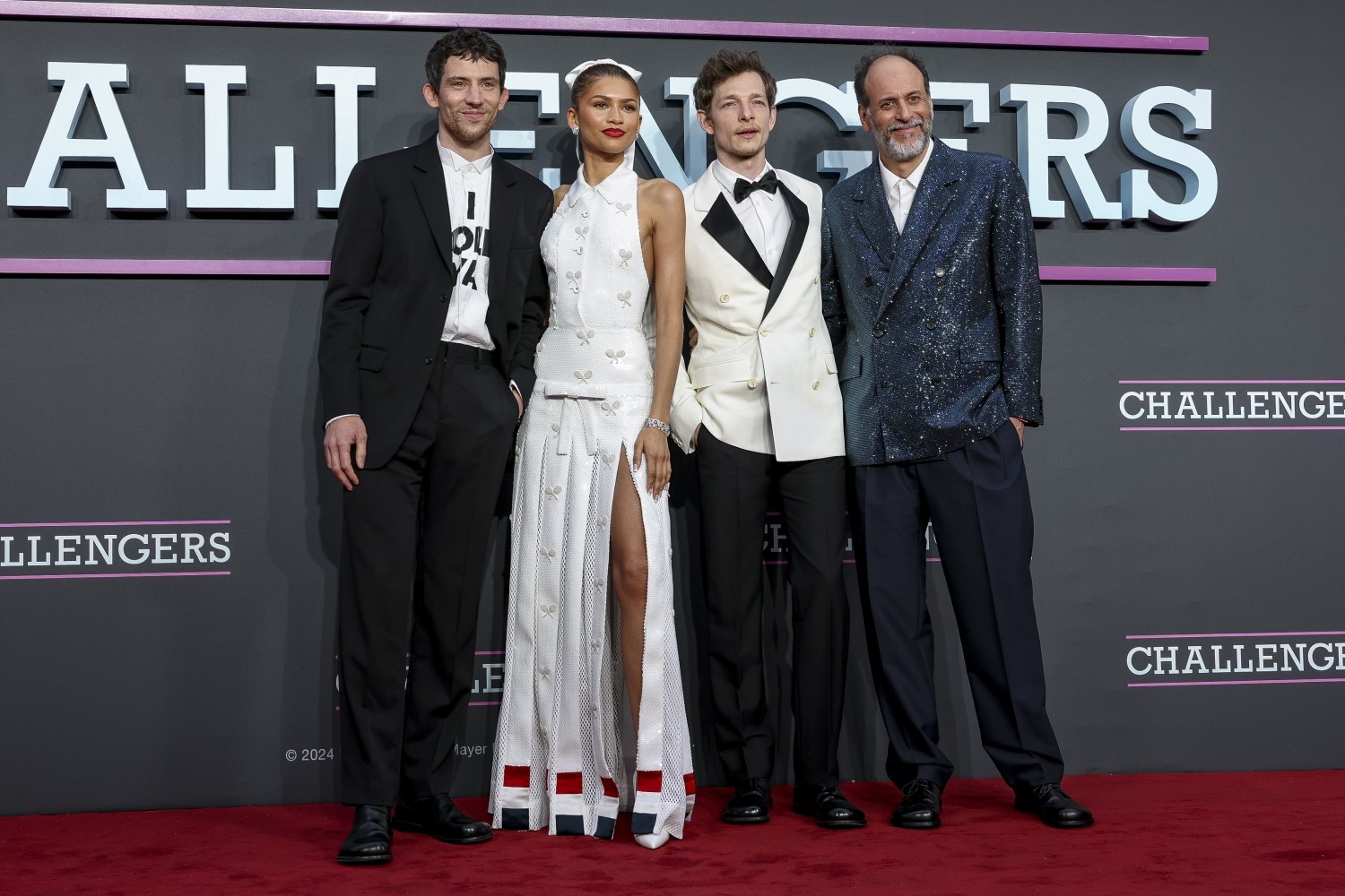 Josh O’Connor, Zendaya, Mike Faist and director Luca Guadagnino attend the premiere of 'Challengers’ in London. Photo / AP