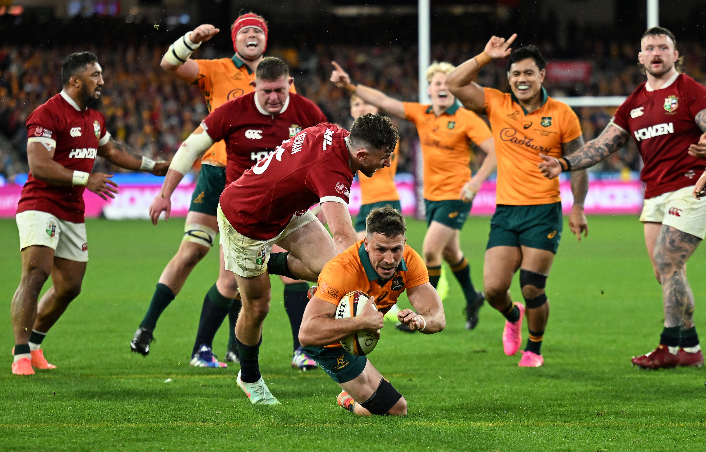 Jake Gordon of Australia dives to score a try during the second test between the Wallabies and the British and Irish Lions. Photo / Photosport