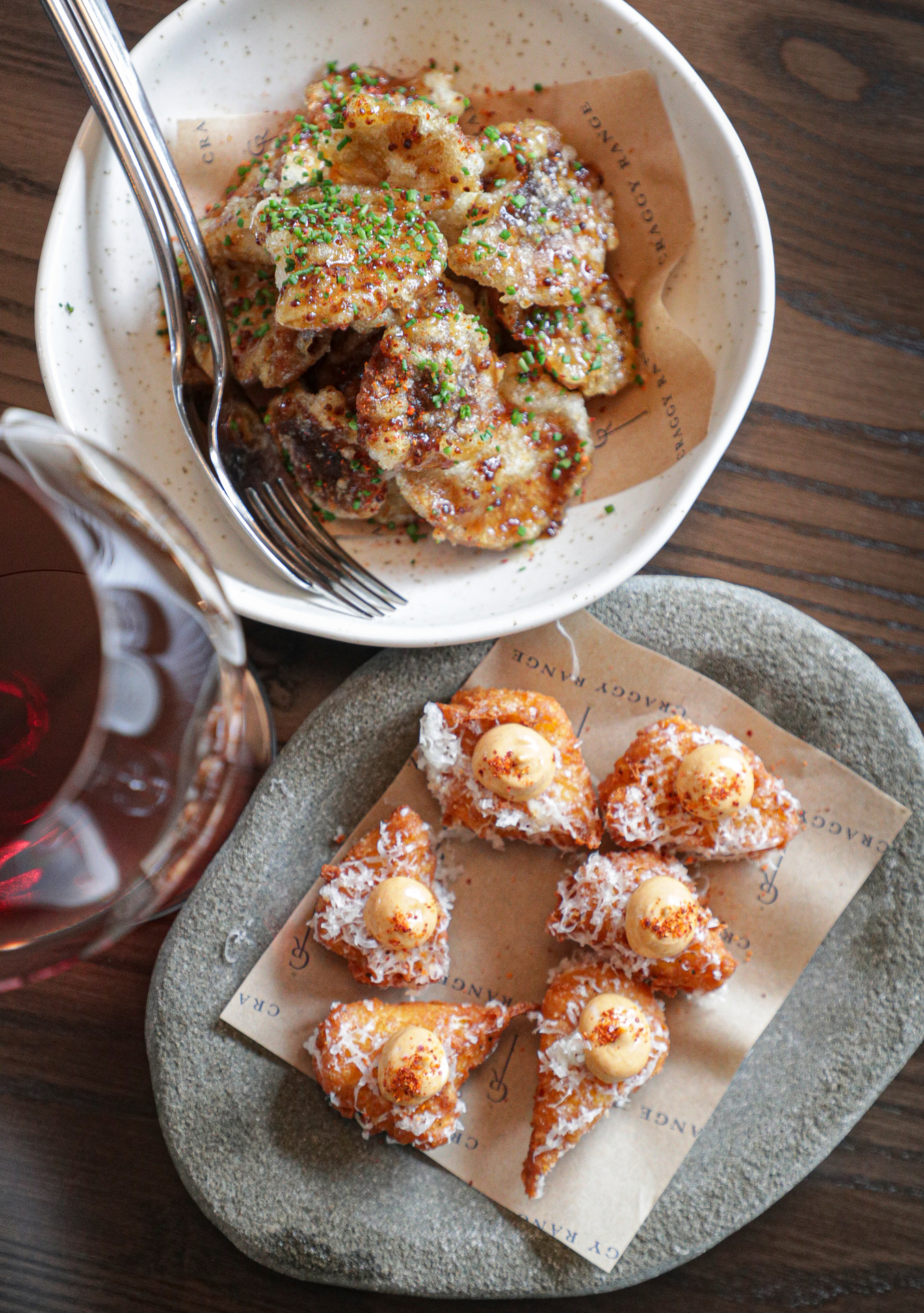 Craggy Range Restaurants award winning food; Sweet corn and cheddar fritter with harissa mayonnaise and sweet and sour shiitake and oyster mushrooms. Photo / Warren Buckland