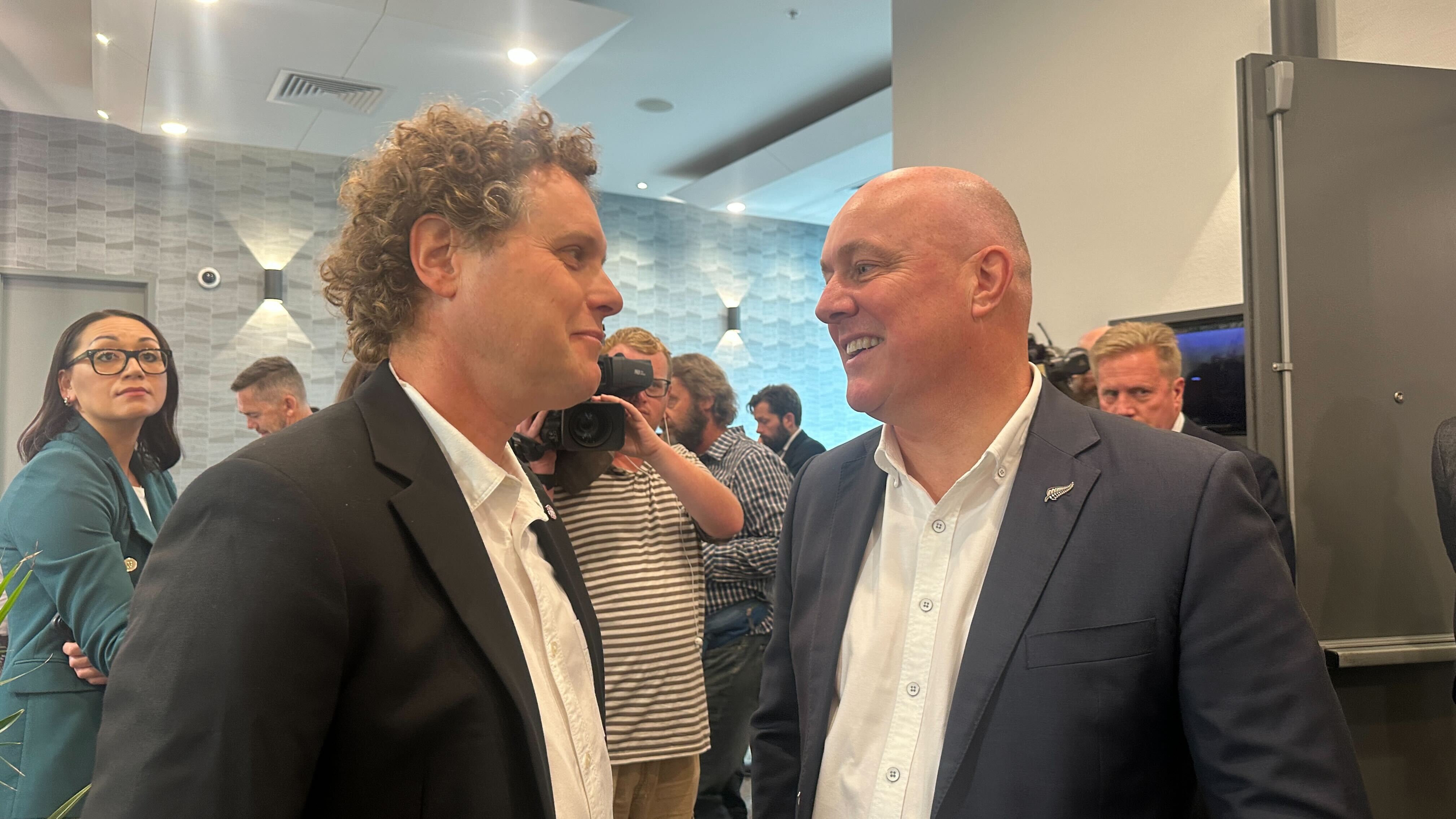 Sir Peter Beck (left) and Prime Minister Christopher Luxon at the National caucus retreat. Photo / Jamie Ensor