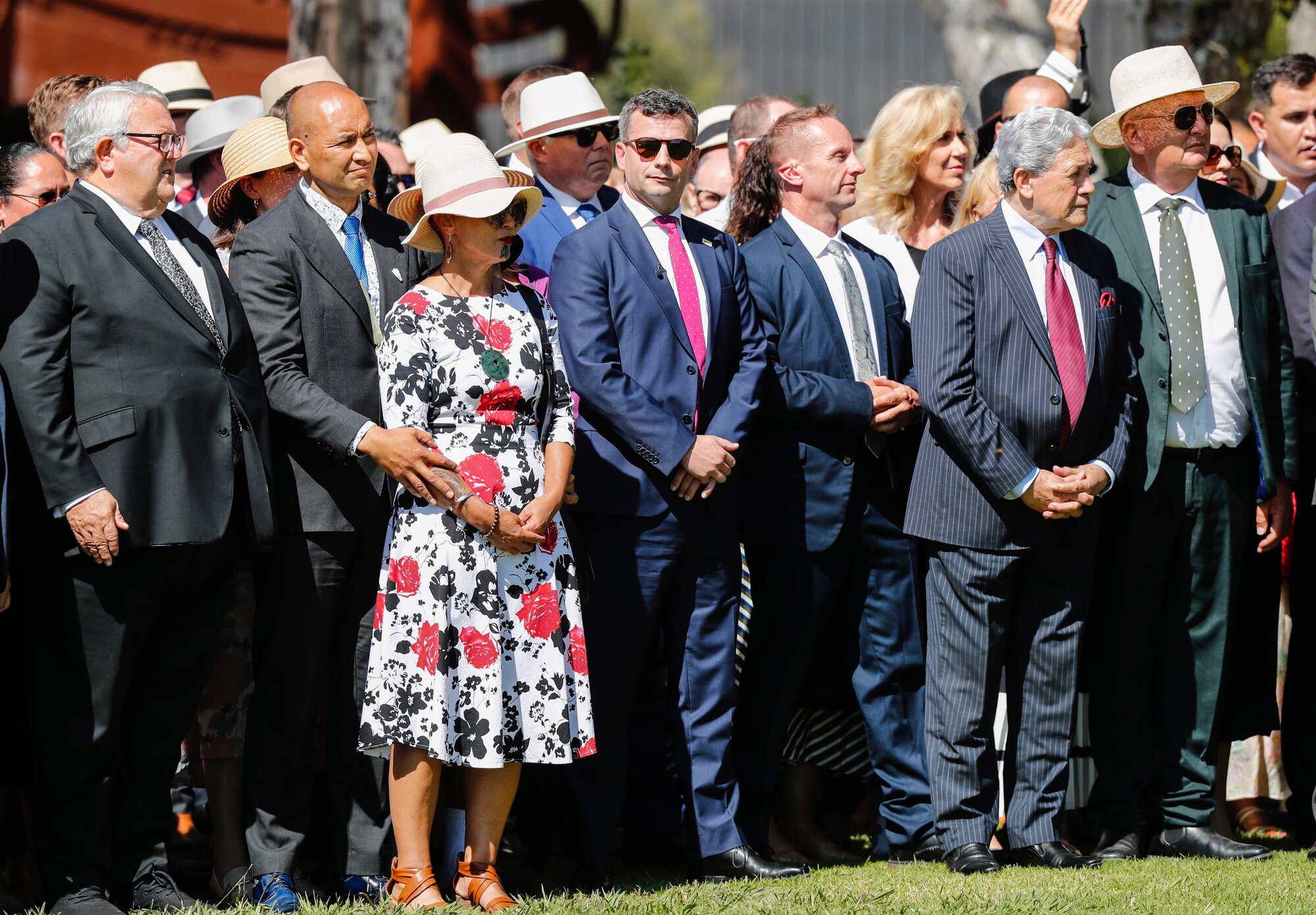 Gerry Brownlee (left), Tama Potaka, David Seymour, Winston Peters and Shane Jones were among the MPs at Waitangi. Photo / Dean Purcell