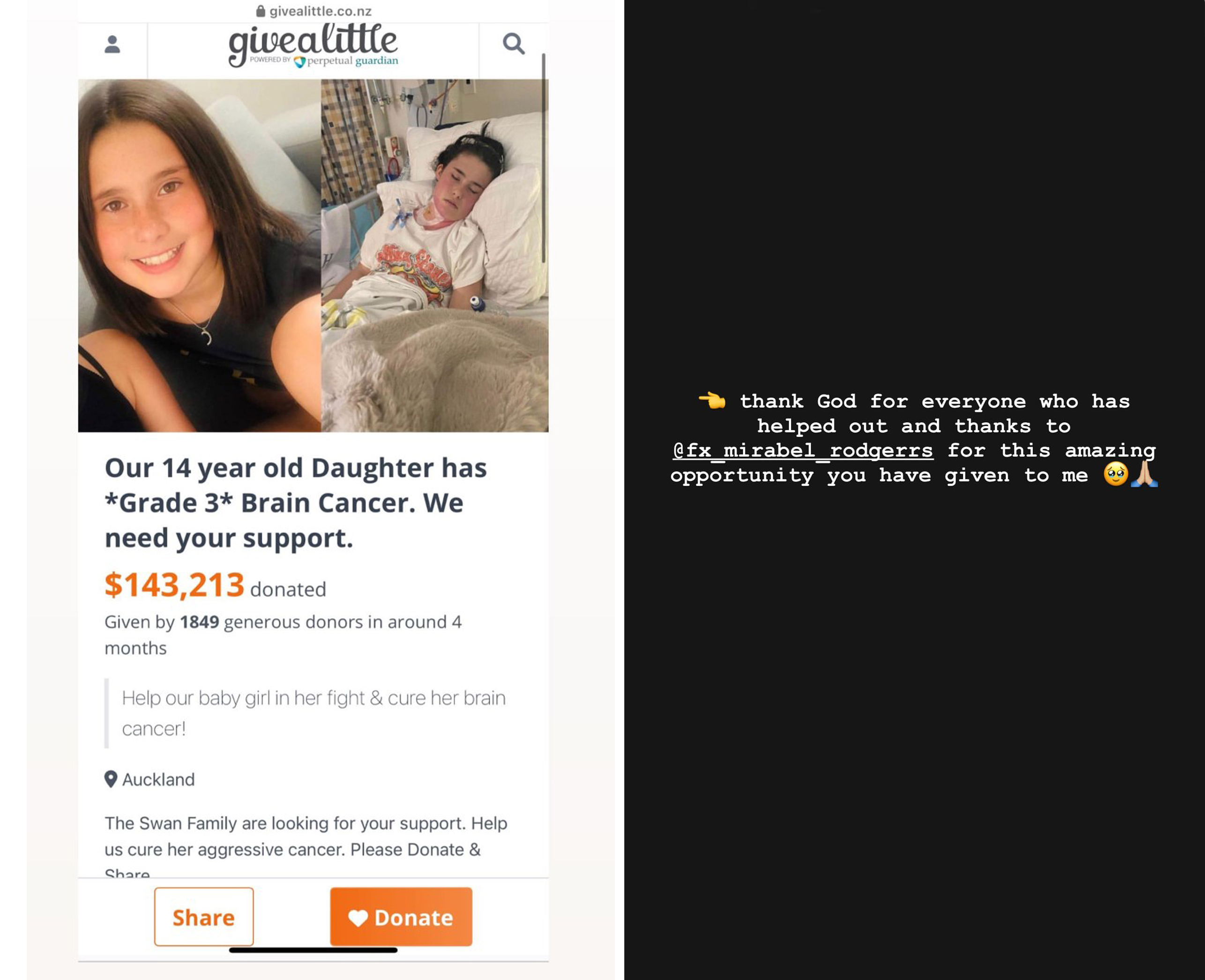 Instagram hackers used an image from Portia Swan's Givealittle page in the elaborate scam. 
