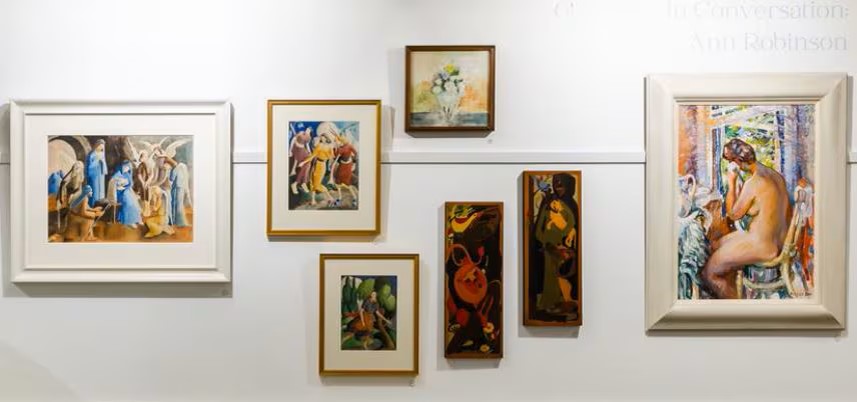 Pauline Yearbury's St Francis, Tobias and Friends (second from right) and Wake Up Saint Francis (third from right), alongside the auction's highest selling work Evelyn Page's Young Woman In A Bay Window (far right). Photo / International Art Centre
