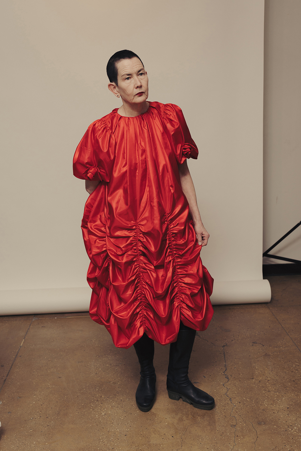 Vanessa Place tries on clothes for Batsheva’s Fashion Week runway show. Photo / Amir Hamja, The New York Times