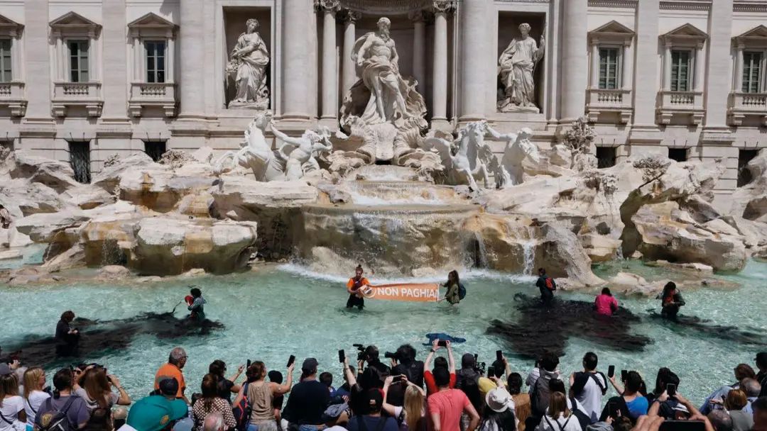 Italy's Trevi Fountain had to be drained this weekend following the actions of climate protesters. Photo / Last Generation; Alessandro Penso