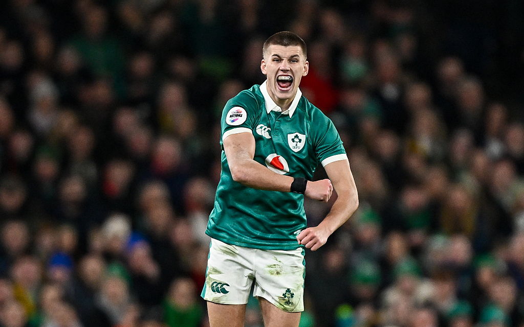Sam Prendergast reacts during the match between Ireland and Australia at the Aviva Stadium in Dublin. Photo / Getty Images