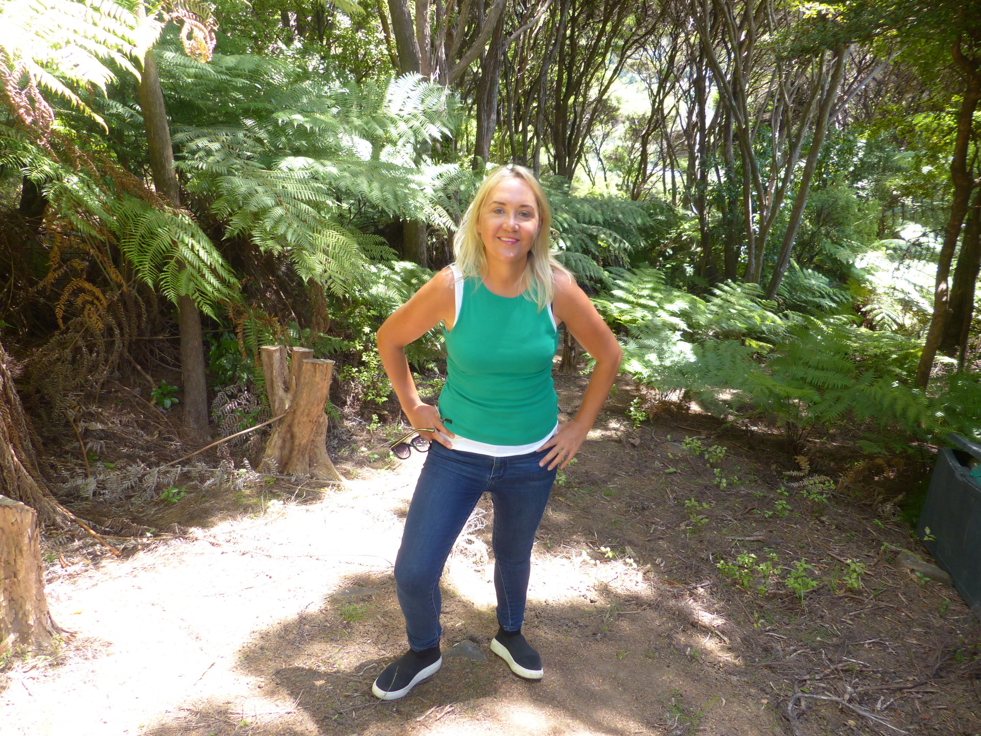 Nikki Kaye on her piece of land on Great Barrier Island where she built a modular house. Photo / Audrey Young