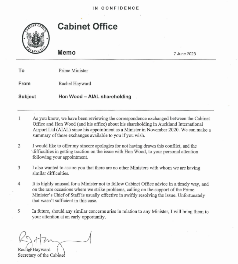 The June 7 letter from Cabinet Secretary Rachel Hayward to Prime Minister Chris Hipkins.
