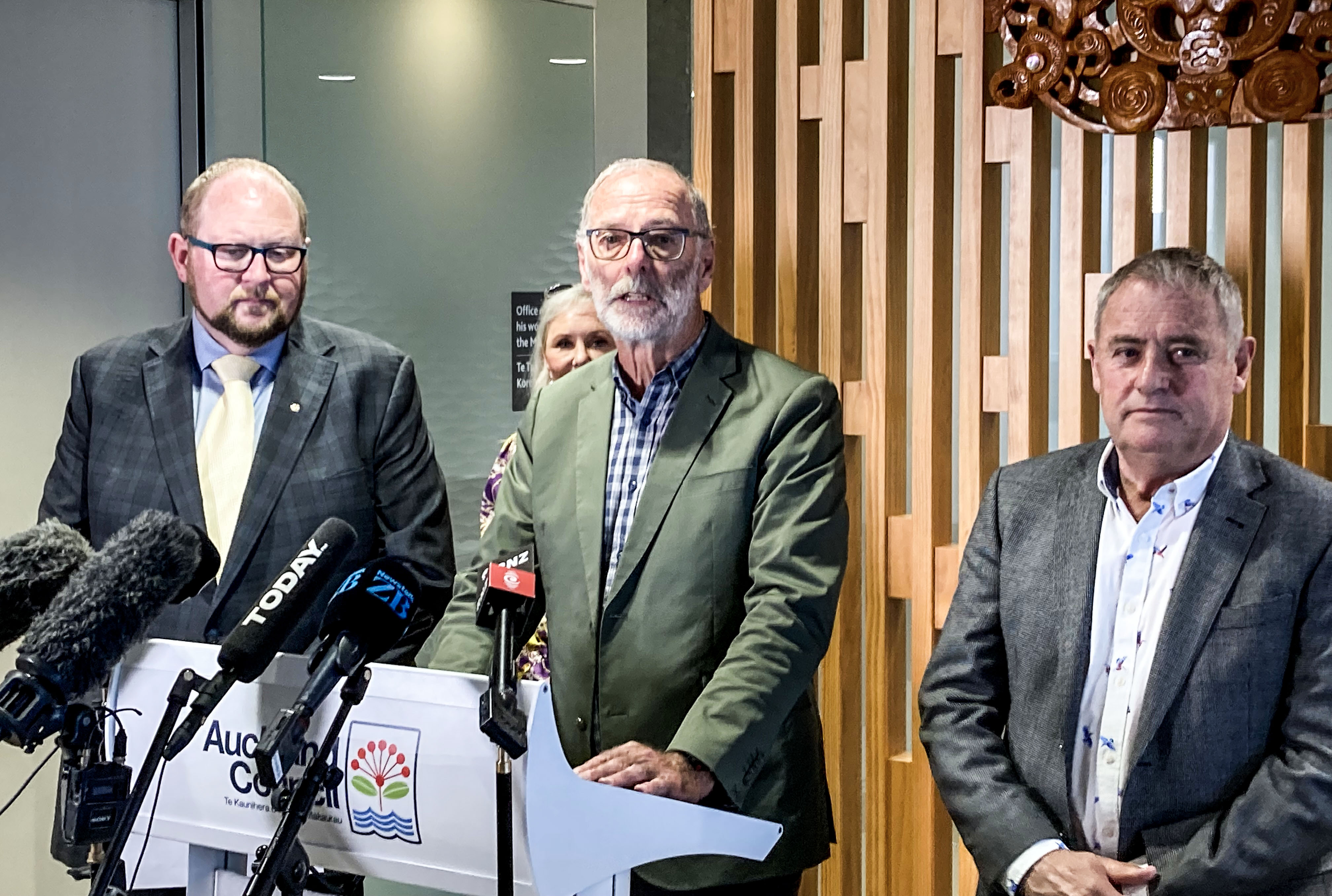 Auckland Mayor Wayne Brown (centre) is flanked by Waimakariri Mayor Dan Gordon (left) and Christchurch Mayor Phil Mauger at a press conference announcing an alternative to the Government's Three Waters nine days ago. Photo / Bernard Orsman