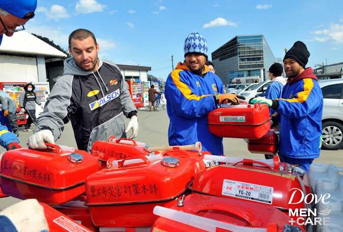 Scott Fardy, Lata Lui, and Pita Alatini helped with relief efforts after the tsunami struck. Photo / Pita Alatini