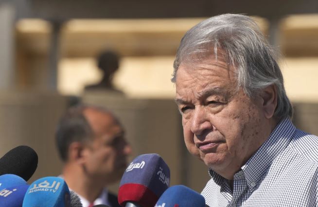 United Nations Secretary General Antonio Guterres speaks after his visit to the Rafah border crossing between Egypt and the Gaza Strip on Saturday, March 23. (AP Photo/Amr Nabil)