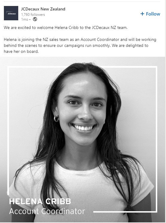 The JCDecaux post that welcomed Helena Cribb to the company.