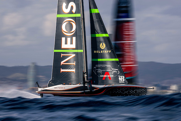 Ineos Britannia and Emirates Team New Zealand in action this morning at the America’s Cup in Barcelona. Photo / Photosport