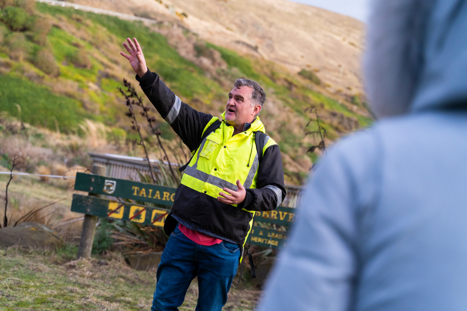 Tour guide Lyndon Perriman shows visitors around the reserve. Photo / Jodie Gibson