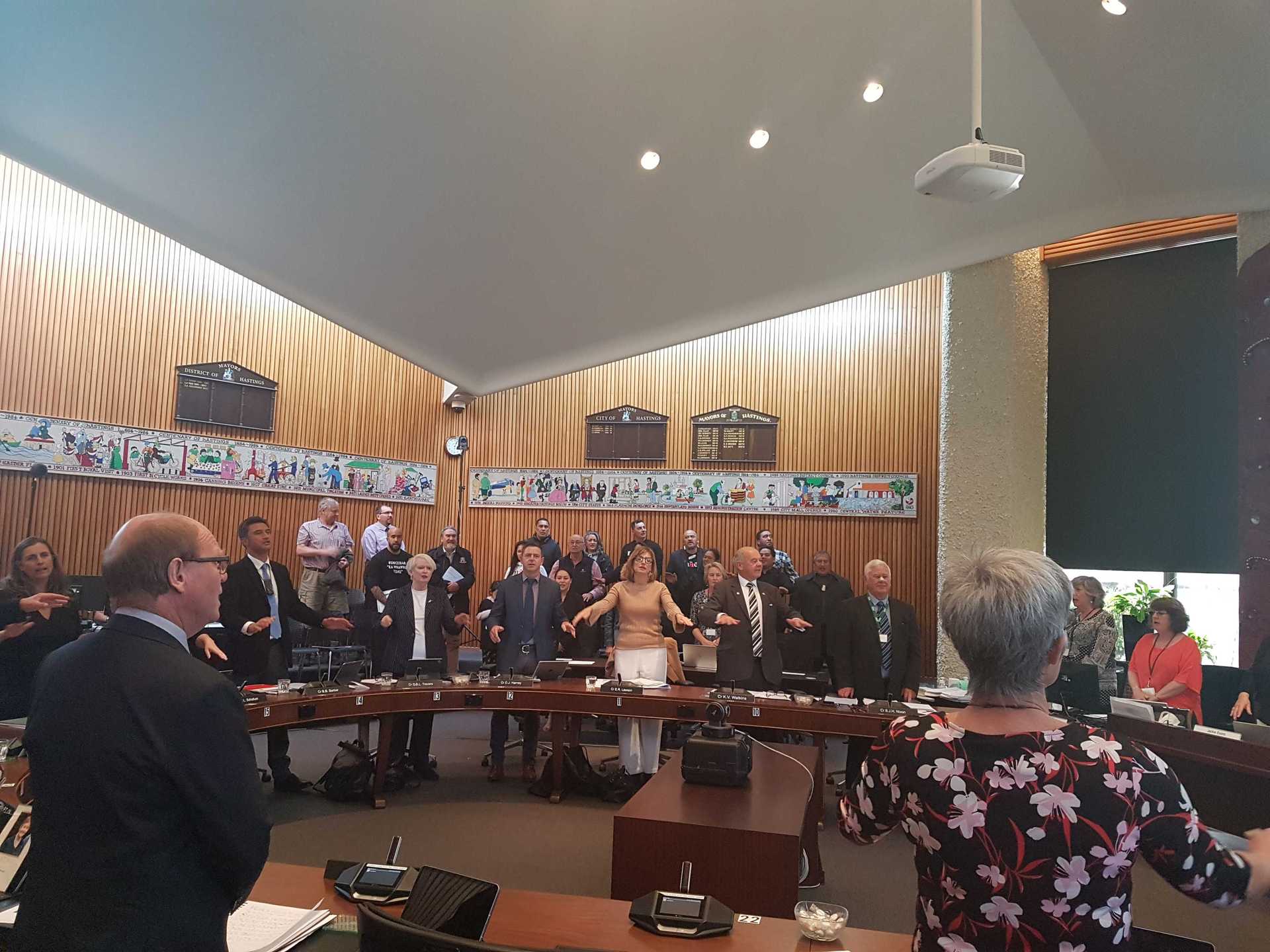 The council and members of the public sang waiata at the meeting. Photo / Shannon Johnstone