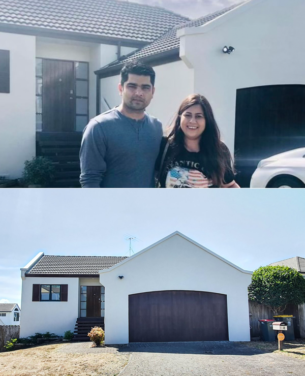 Ameet Bhargav and his wife Renu outside their leaky house in Goodwood Heights, Manukau shortly after buying the property in 2020. Photos / Supplied